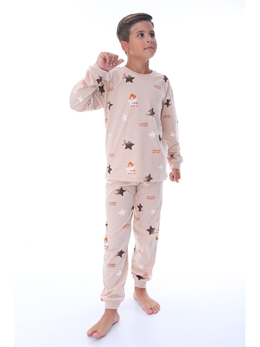 Yıldız Nota Desenli Bej Unisex Pijama Takımı-2