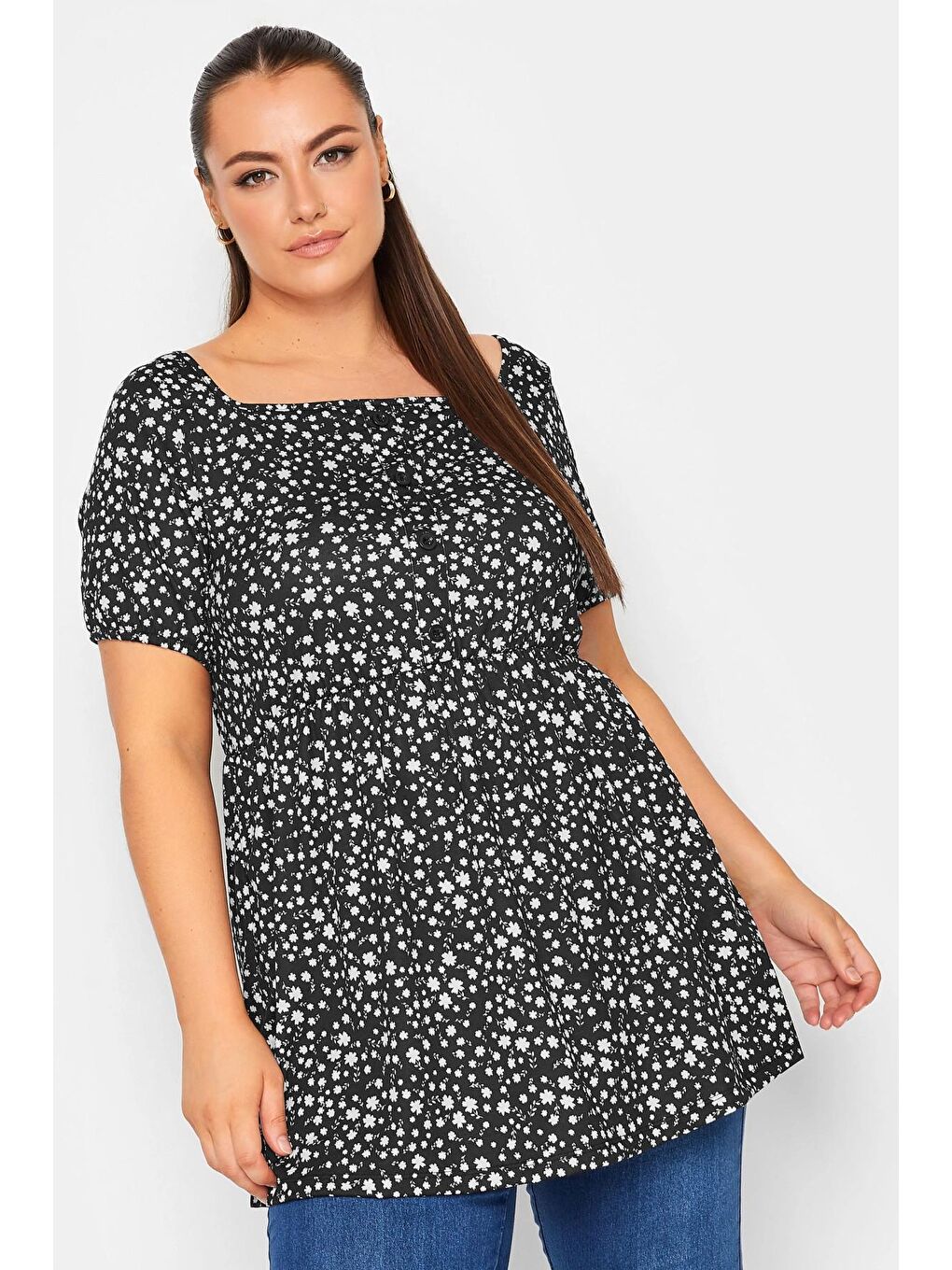 Siyah Büyük Beden Düğme Detaylı Kare Yaka Desenli Esnek Bluz 215849