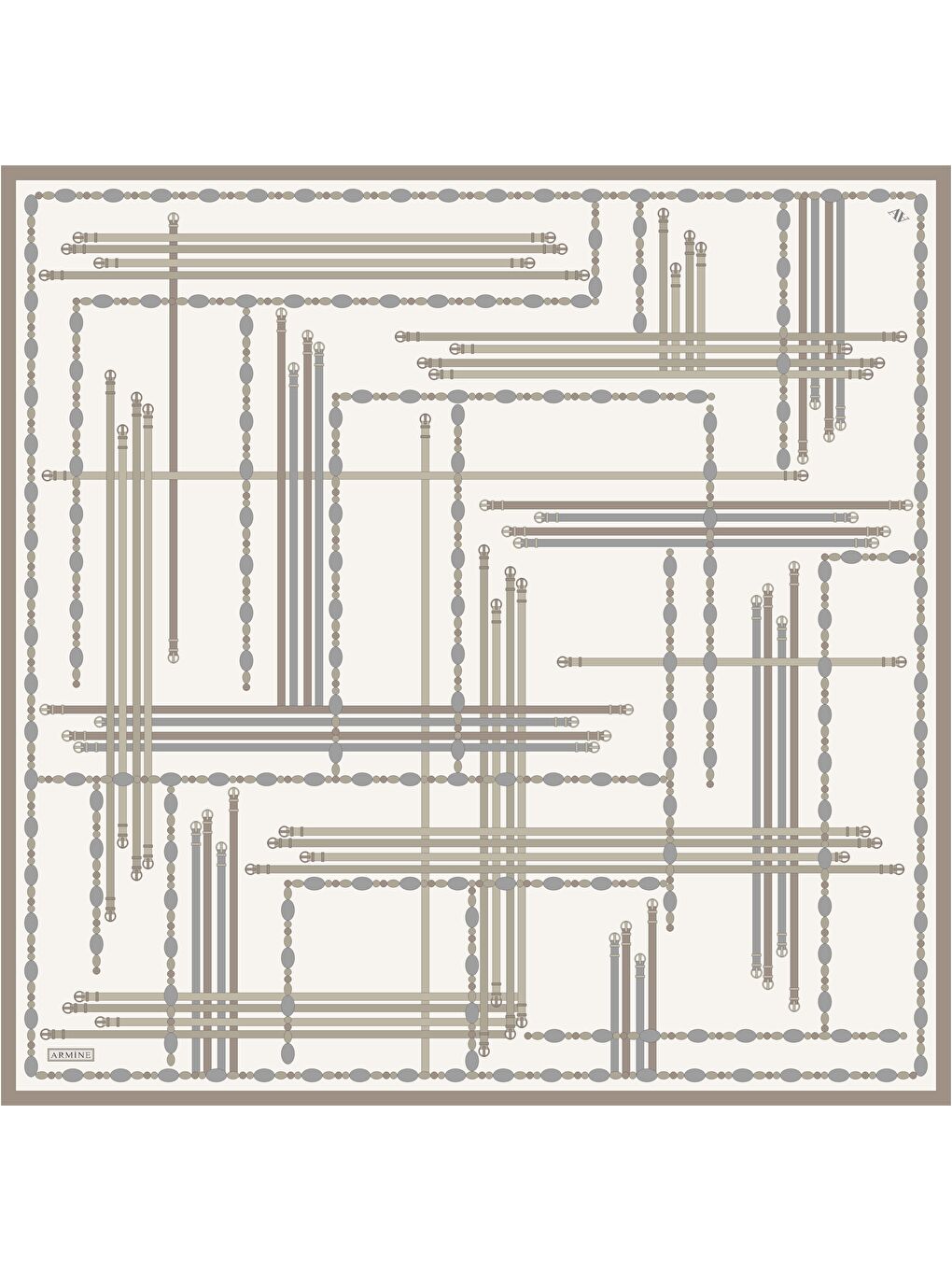 Ekru Obje Desenli Saf İpek Twill Eşarp 9407D 84-3