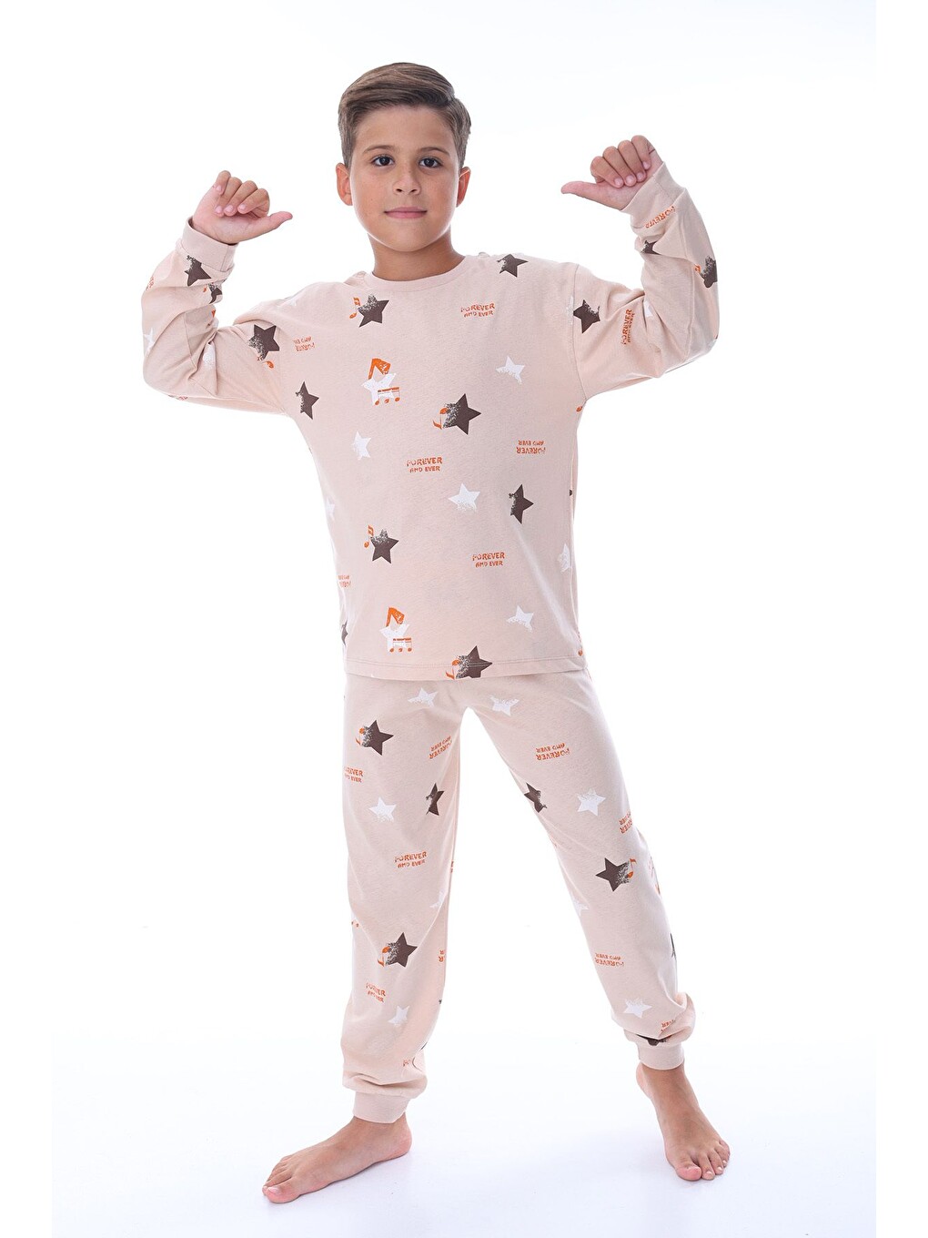 Yıldız Nota Desenli Bej Unisex Pijama Takımı-4