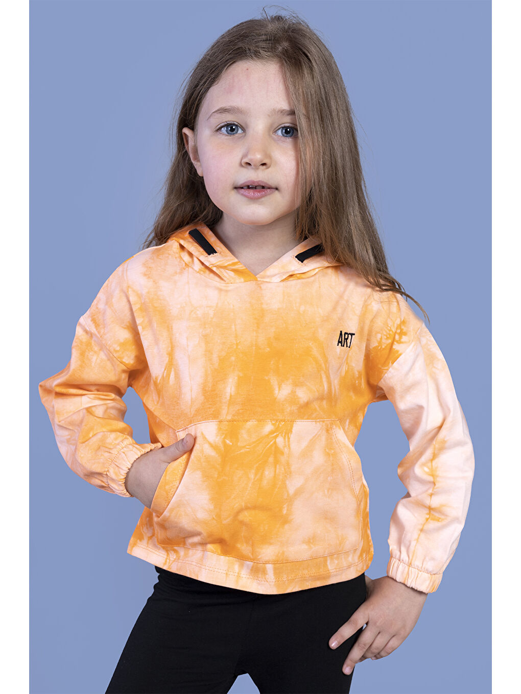 Turuncu Kız Çocuk Batik Desenli Kapüşonlu Sweatshirt