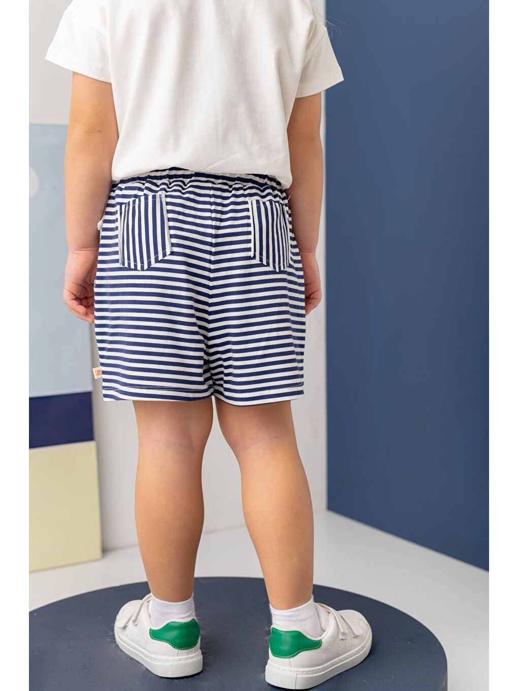 Kız Çocuk Penye Çizgili Kısa Şort - Lacivert Çizgili-1