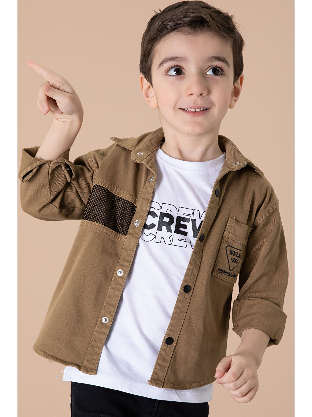 Kahverengi Crew Yazılı Tişörtlü File Detaylı Erkek Çocuk Gömlek 20086-1