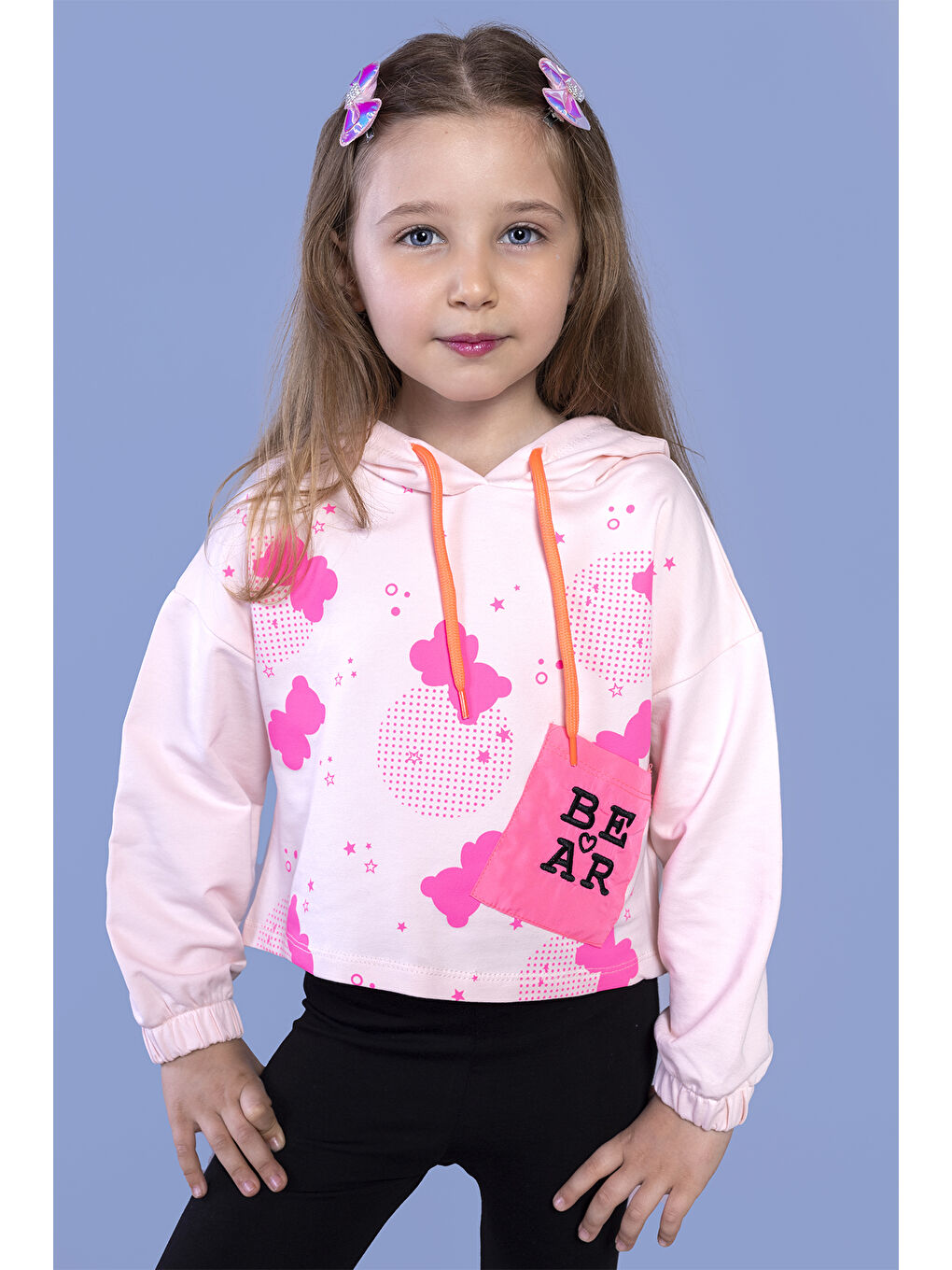 Pembe Kız Çocuk Cep Detaylı Baskılı Sweatshirt