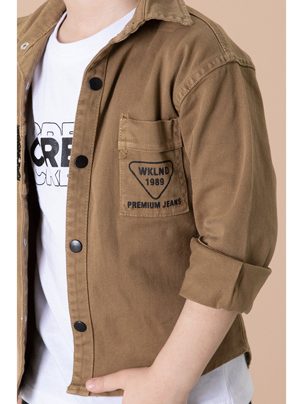 Kahverengi Crew Yazılı Tişörtlü File Detaylı Erkek Çocuk Gömlek 20086-2