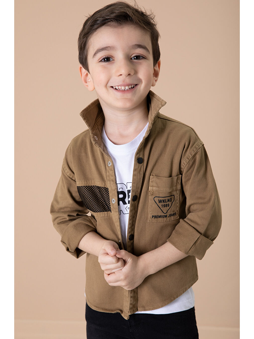 Kahverengi Crew Yazılı Tişörtlü File Detaylı Erkek Çocuk Gömlek 20086-3