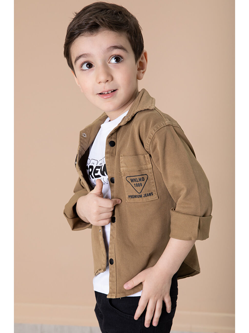 Kahverengi Crew Yazılı Tişörtlü File Detaylı Erkek Çocuk Gömlek 20086-4