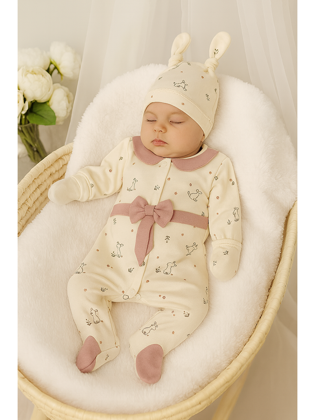 Ekru 5li Hastane Çıkış Seti Tulumlu 90*90 Tek kat Battaniye Pamuk Lüx-1