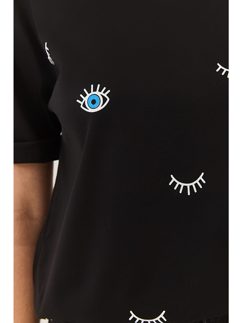 Siyah Kadın Göz Baskılı Kısa Kollu Pamuklu Oversize T-Shirt-4