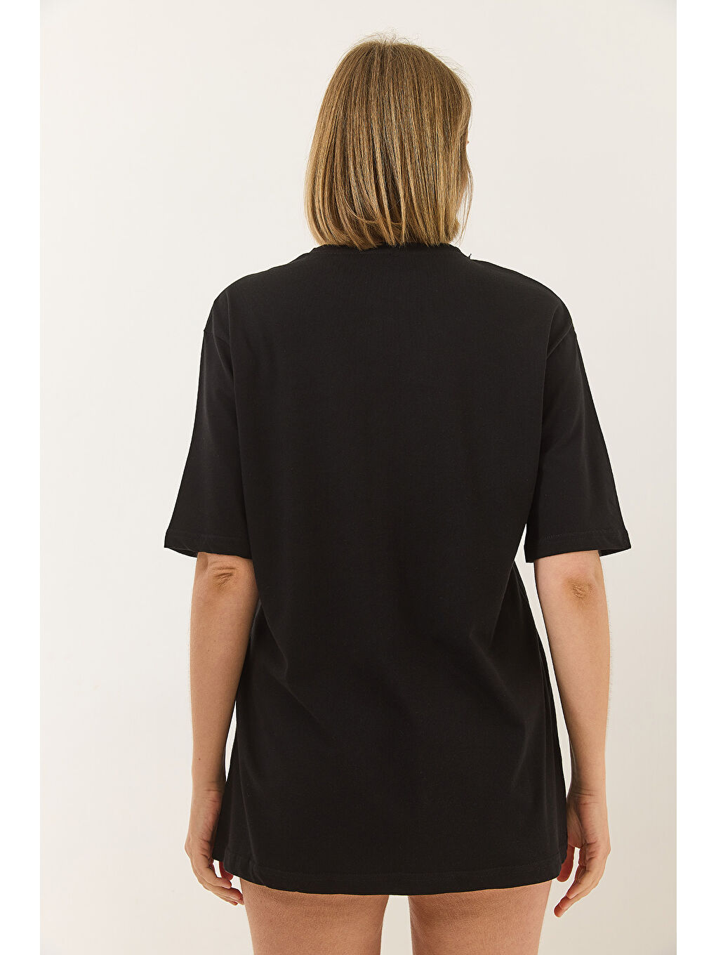 Siyah Kadın Göz Baskılı Kısa Kollu Pamuklu Oversize T-Shirt-5