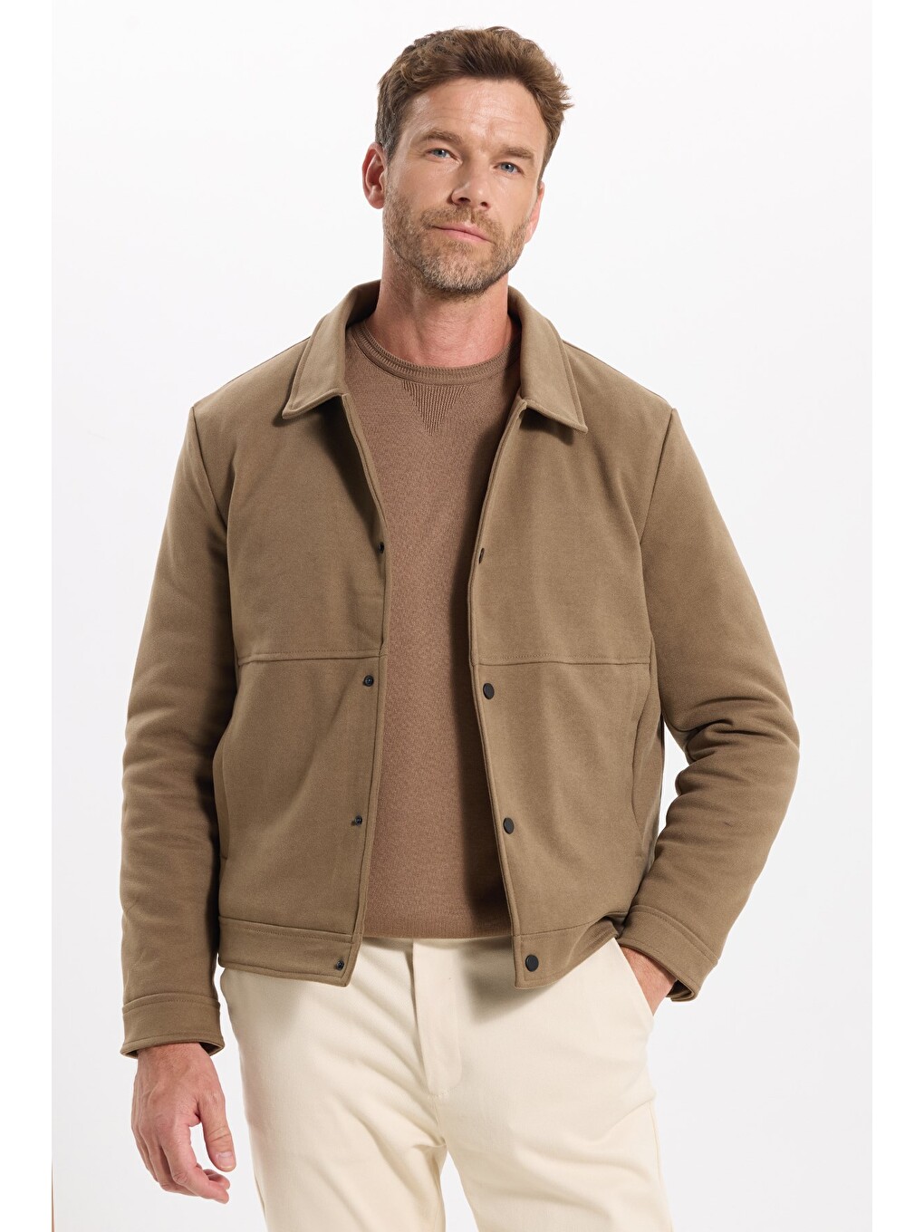 Erkek Slim Fit Dar Kesim Çift Cepli Çıtçıt Kapamalı Kahverengi Mont