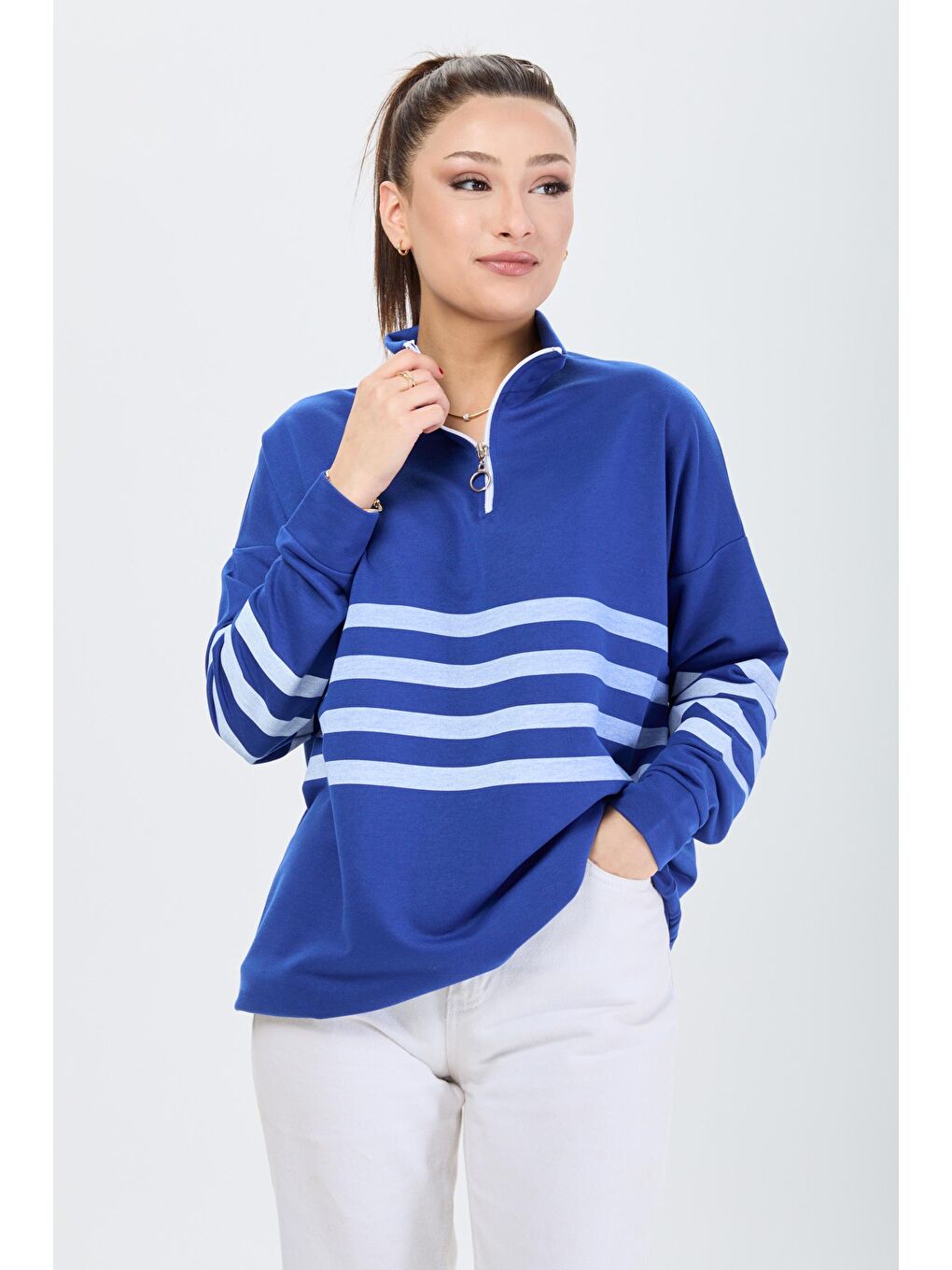 Hakim Yaka Kadın Mavi Sweat - 13101-1