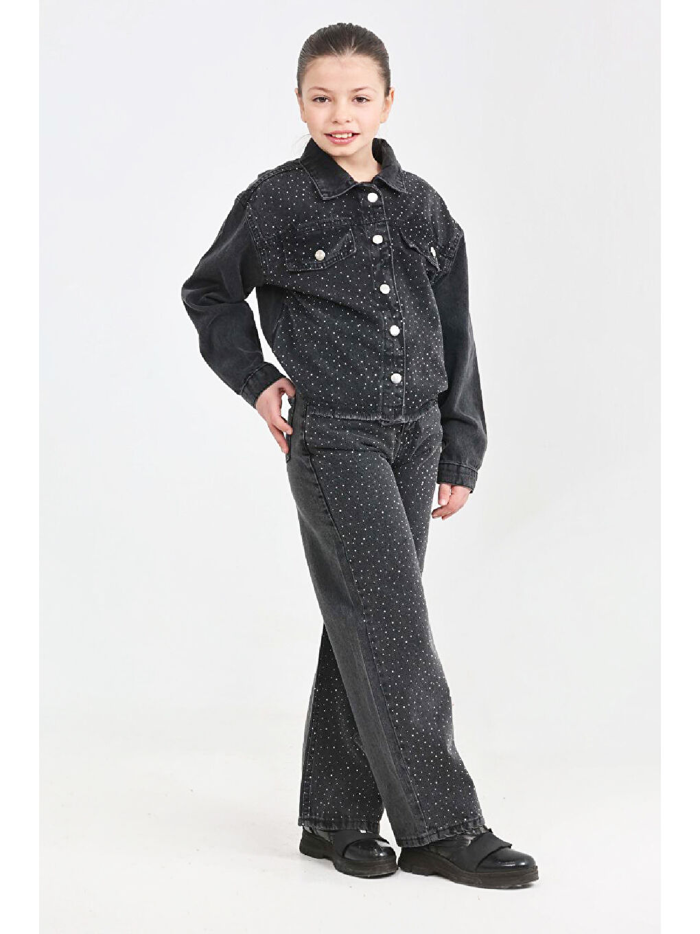 Siyah Kız Çocuk Jean Takım-Taş Süslemeli ( Ceket+Pantolon) 12452-1