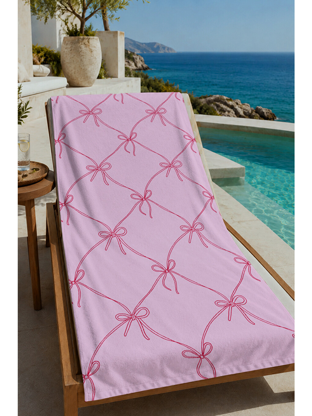 Gri Pembe Kurdele Kafes Desenli 70x150 Cm Dijital Baskılı Plaj Ve Banyo Havlusu