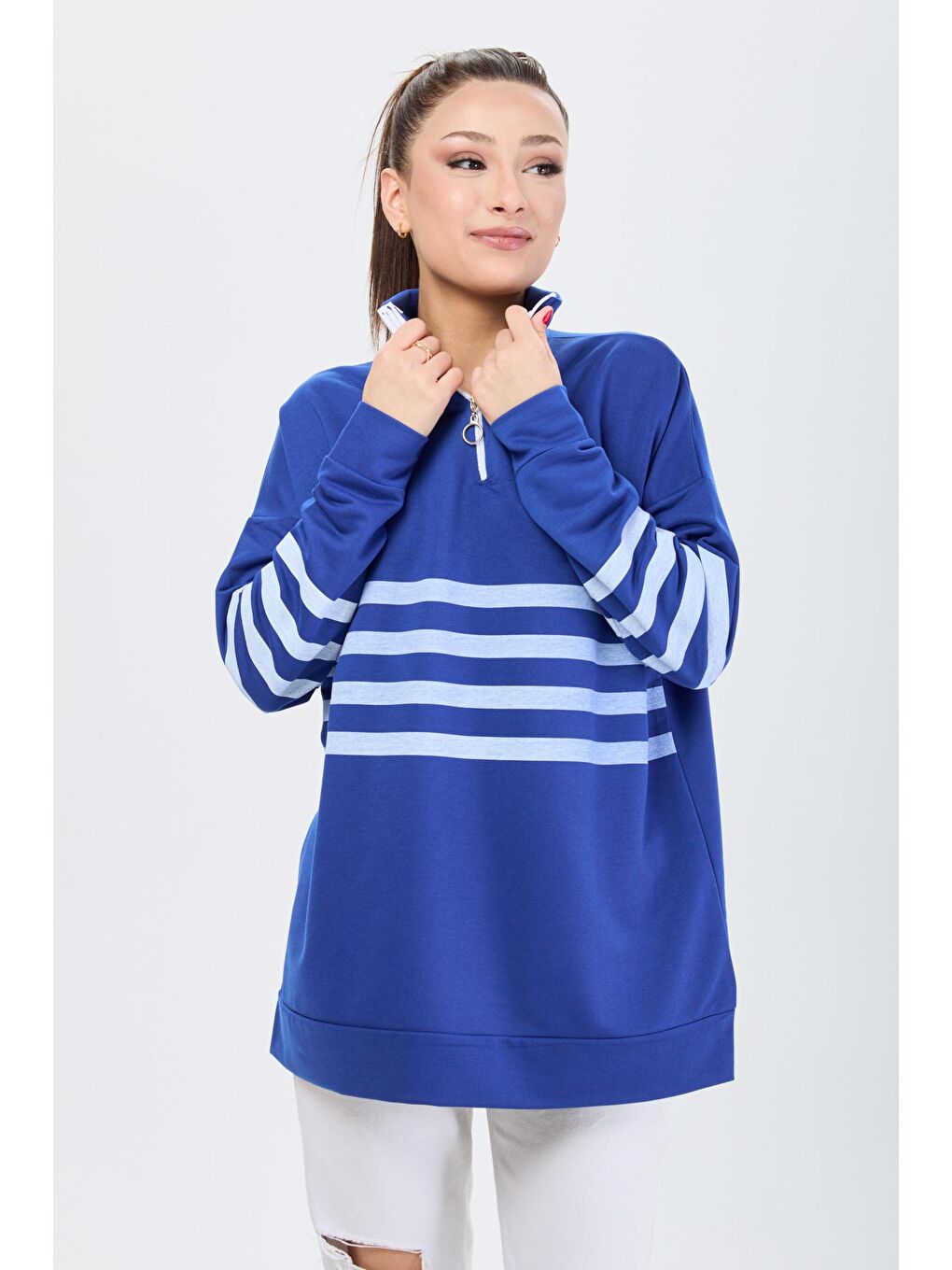 Hakim Yaka Kadın Mavi Sweat - 13101-3