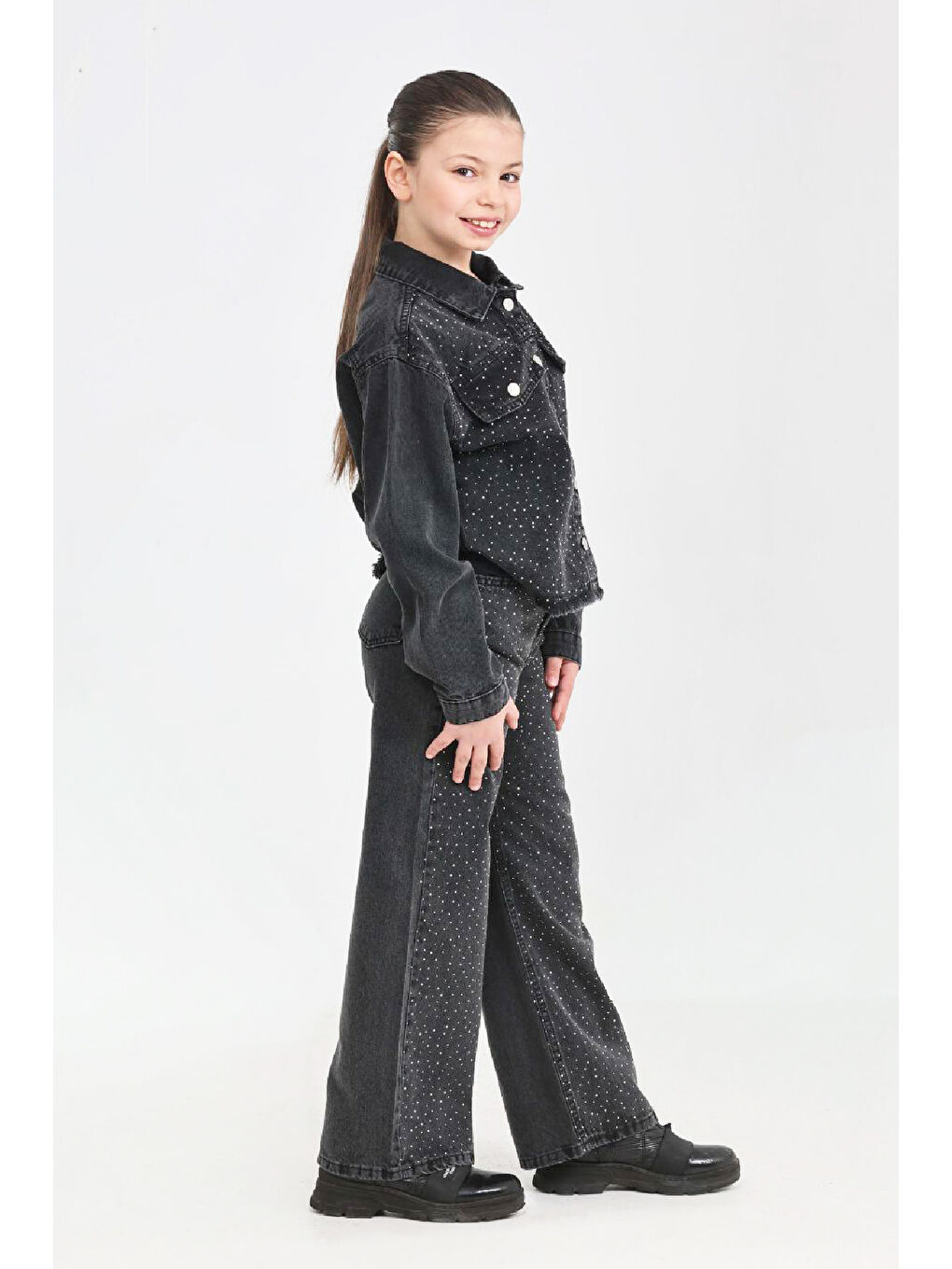 Siyah Kız Çocuk Jean Takım-Taş Süslemeli ( Ceket+Pantolon) 12452-3