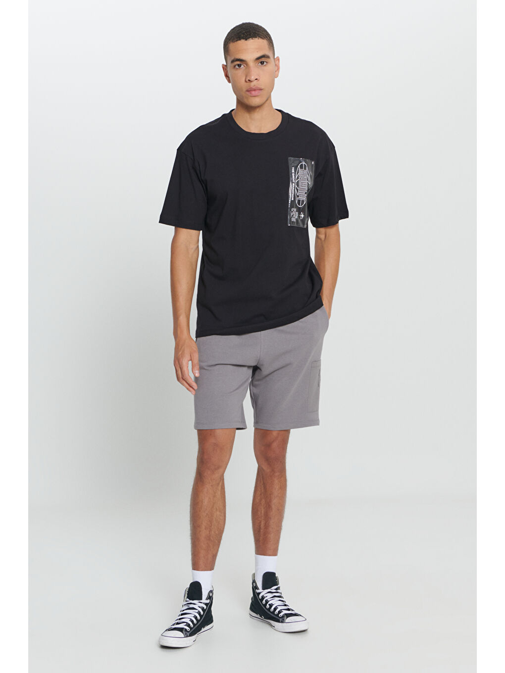 Erkek Siyah Loose Fit Bol Kesim %100 Pamuk Baskılı Bisiklet Yaka Tişört-1