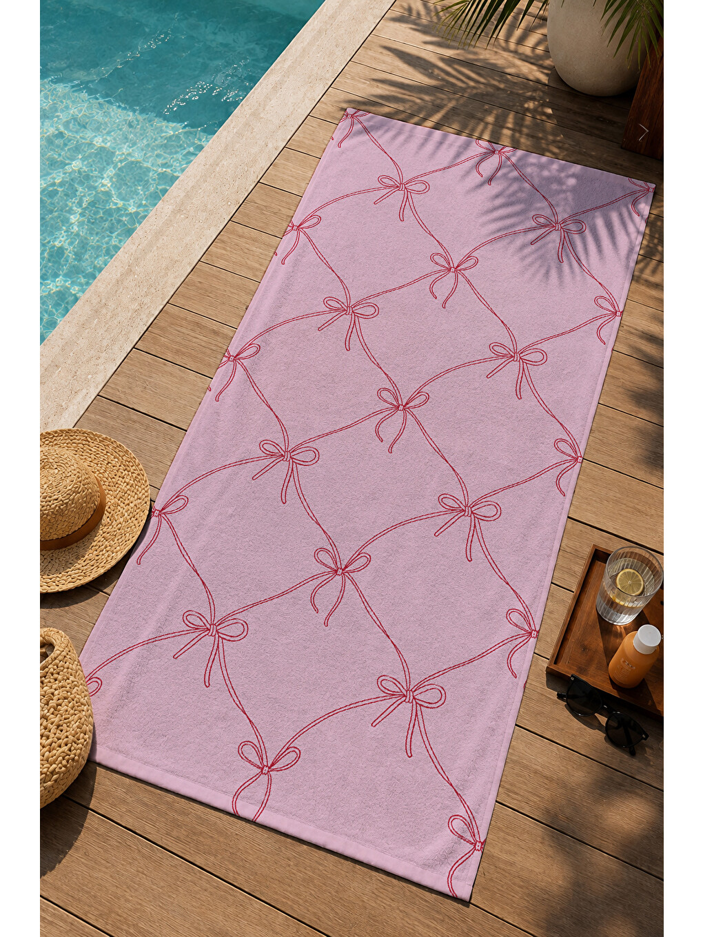 Gri Pembe Kurdele Kafes Desenli 70x150 Cm Dijital Baskılı Plaj Ve Banyo Havlusu-2