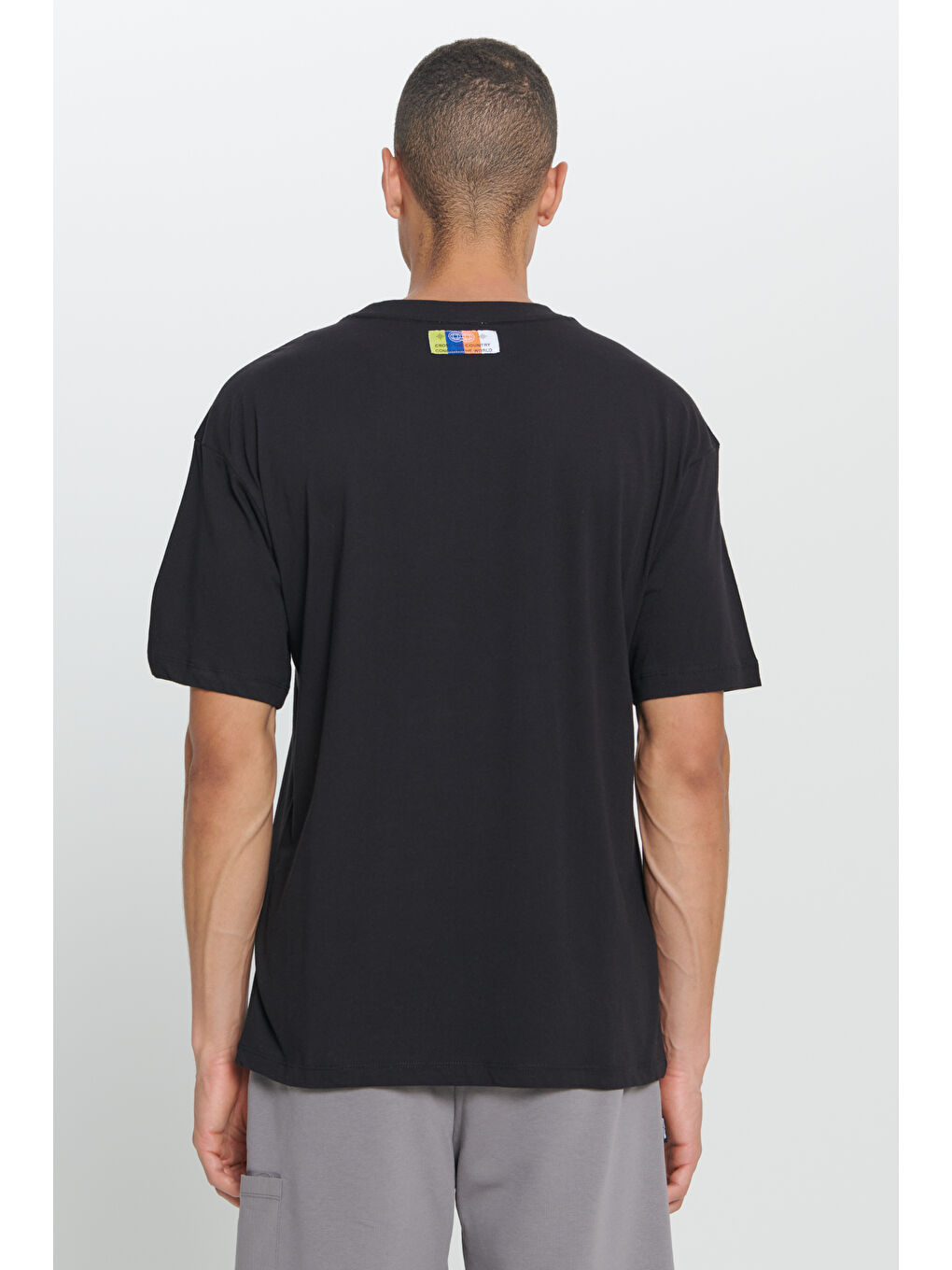 Erkek Siyah Loose Fit Bol Kesim %100 Pamuk Baskılı Bisiklet Yaka Tişört-4