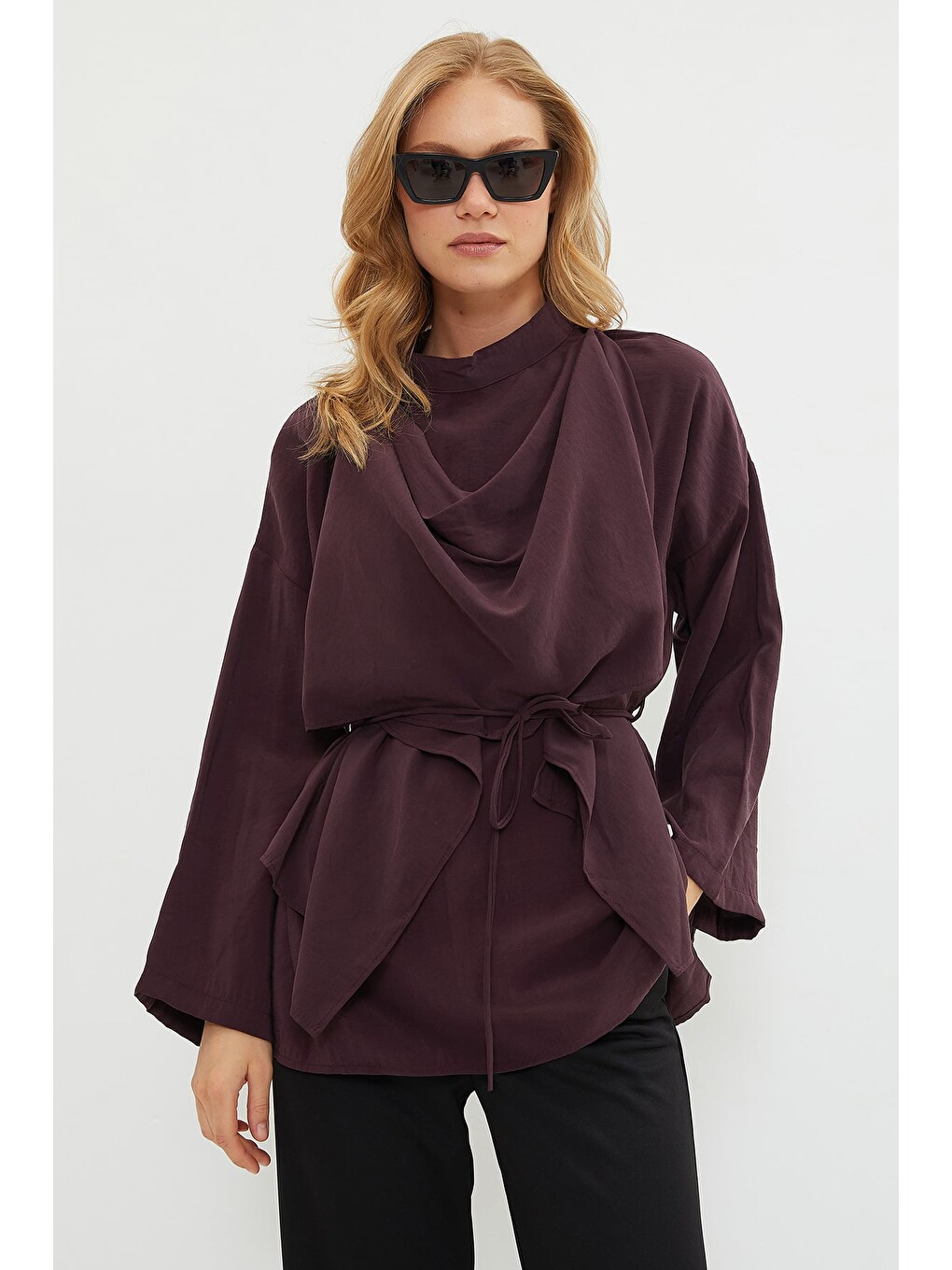 Mürdüm Fullamodest Şal Detaylı Beli Bağlamalı Tunik