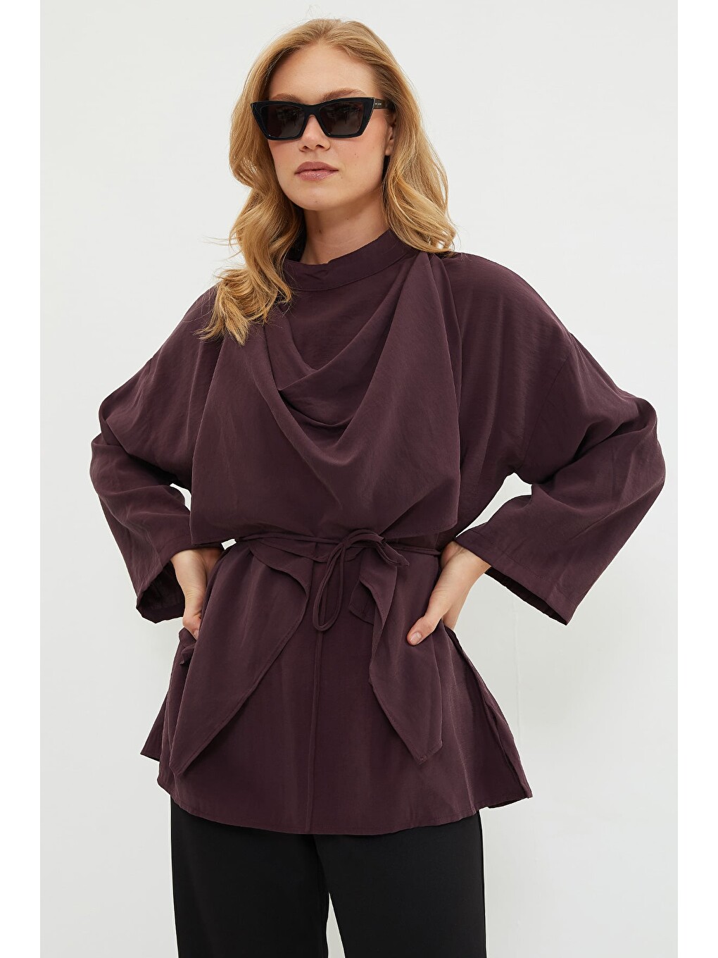 Mürdüm Fullamodest Şal Detaylı Beli Bağlamalı Tunik-3