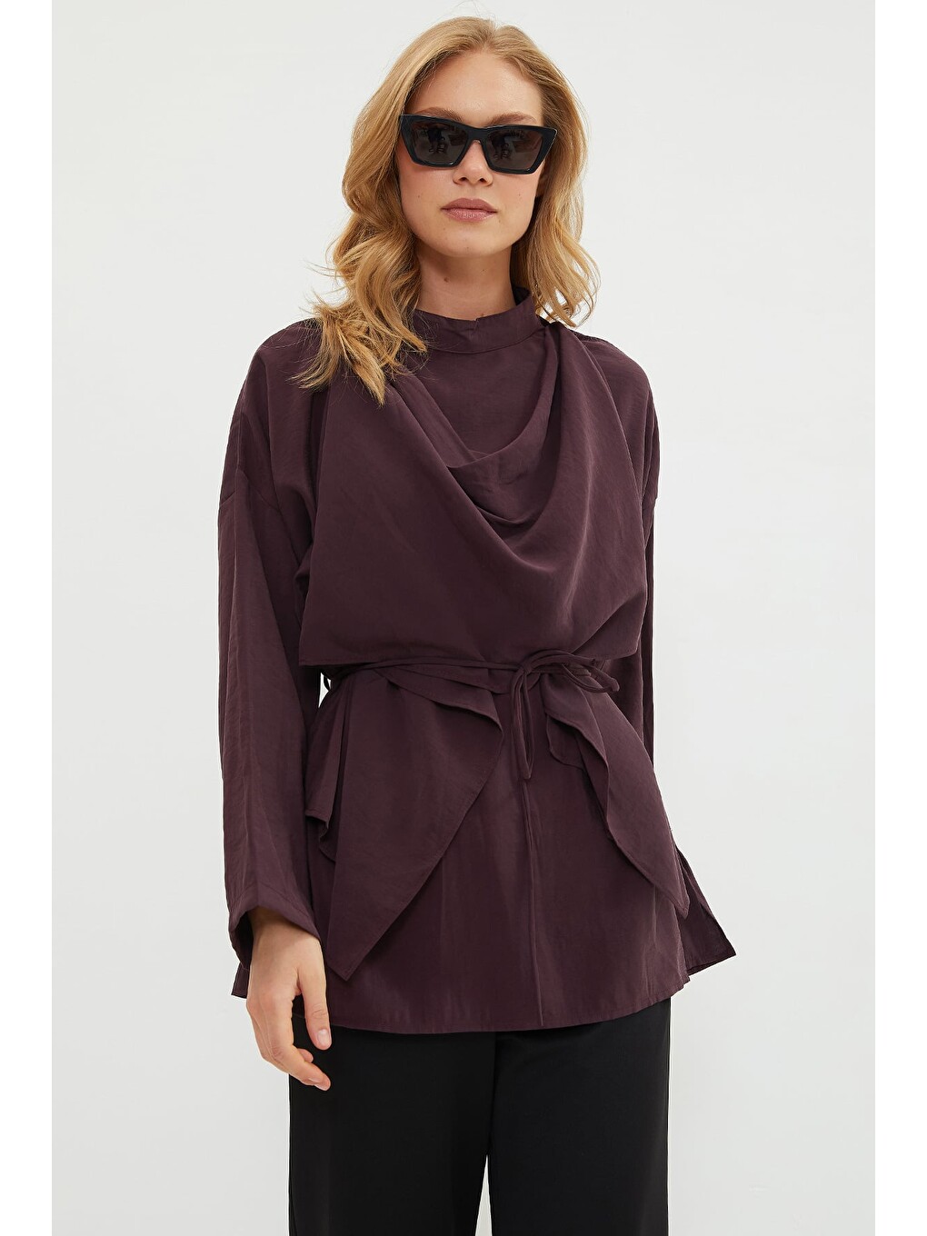 Mürdüm Fullamodest Şal Detaylı Beli Bağlamalı Tunik-4