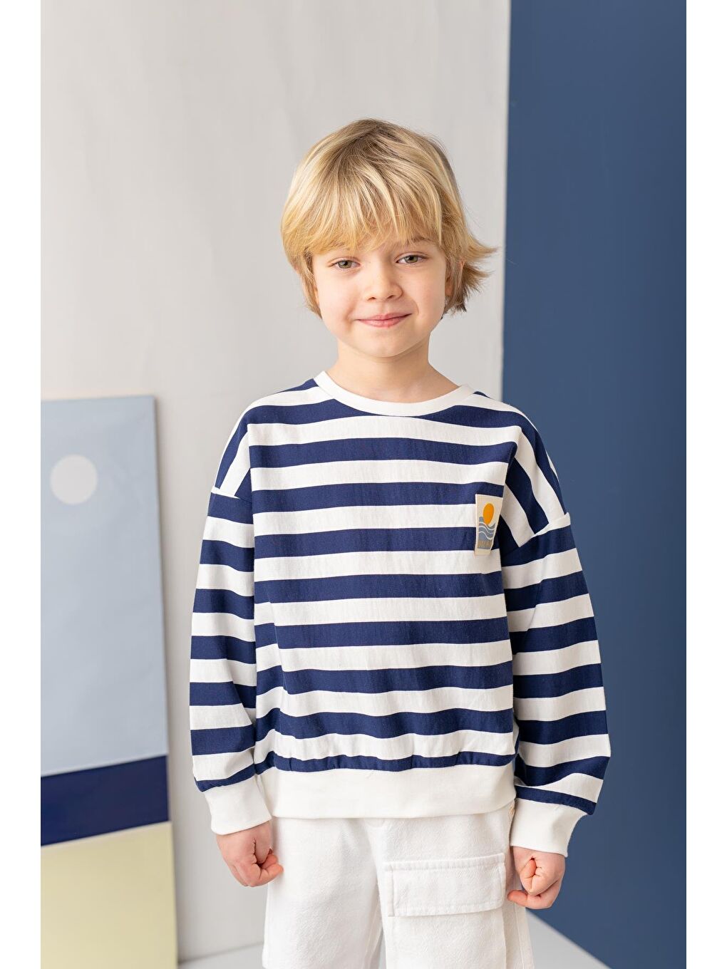 Unısex Çocuk Çizgili Sweatshirt - Lacivert Çizgili