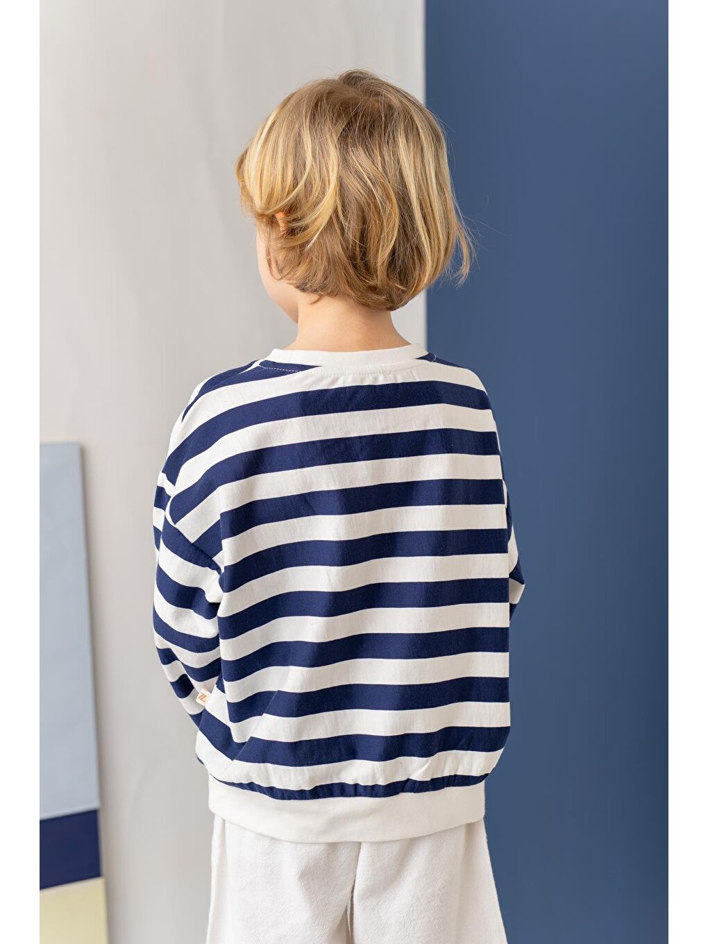 Unısex Çocuk Çizgili Sweatshirt - Lacivert Çizgili-1