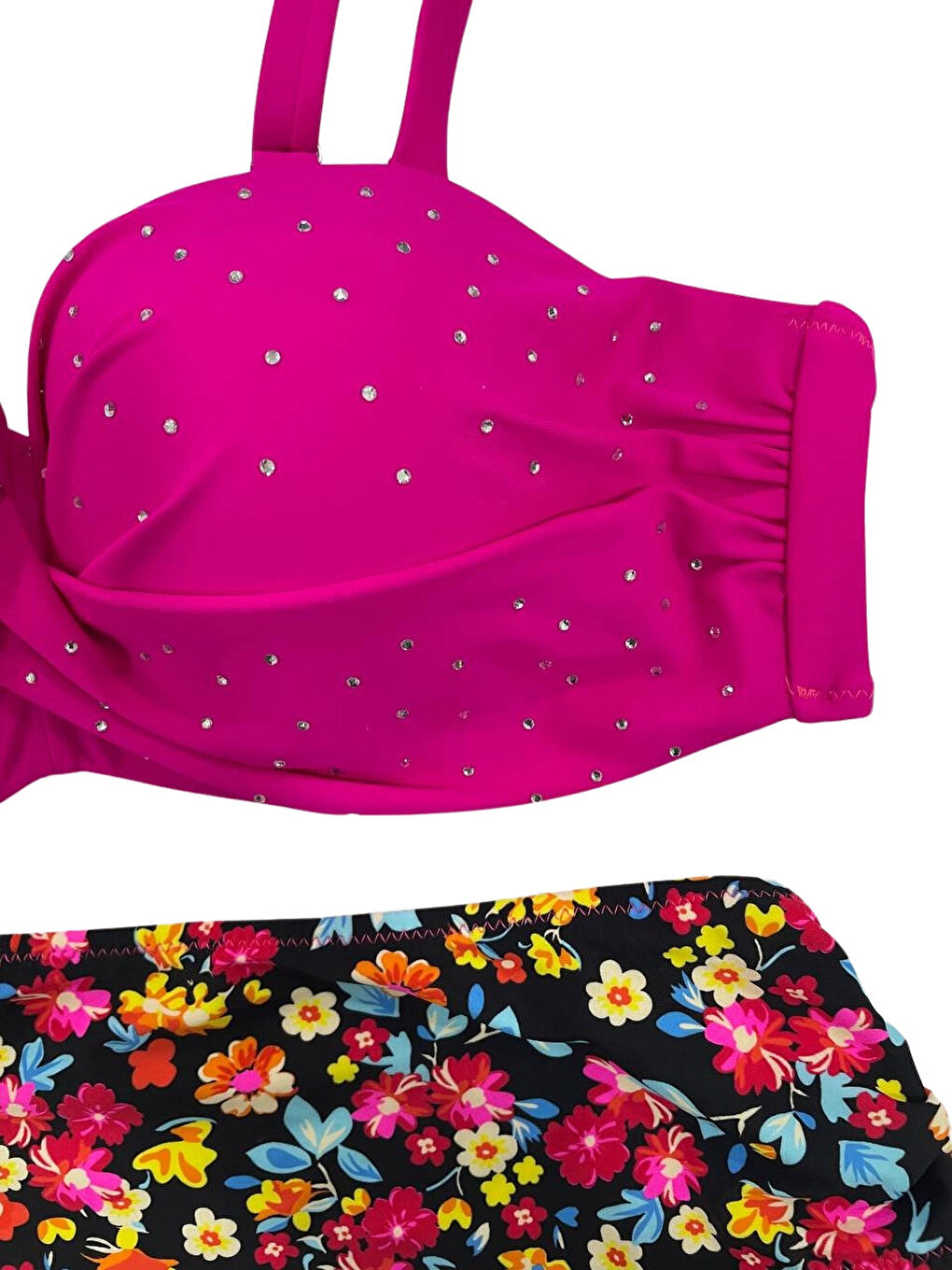 Kadın Fuşya Çiçek Desenli Taş İşlemeli Büyük Beden Astarlı Bikini Takım HZL25S-LC3312-1