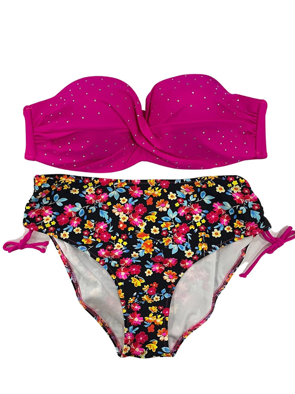 Kadın Fuşya Çiçek Desenli Taş İşlemeli Büyük Beden Astarlı Bikini Takım HZL25S-LC3312-2