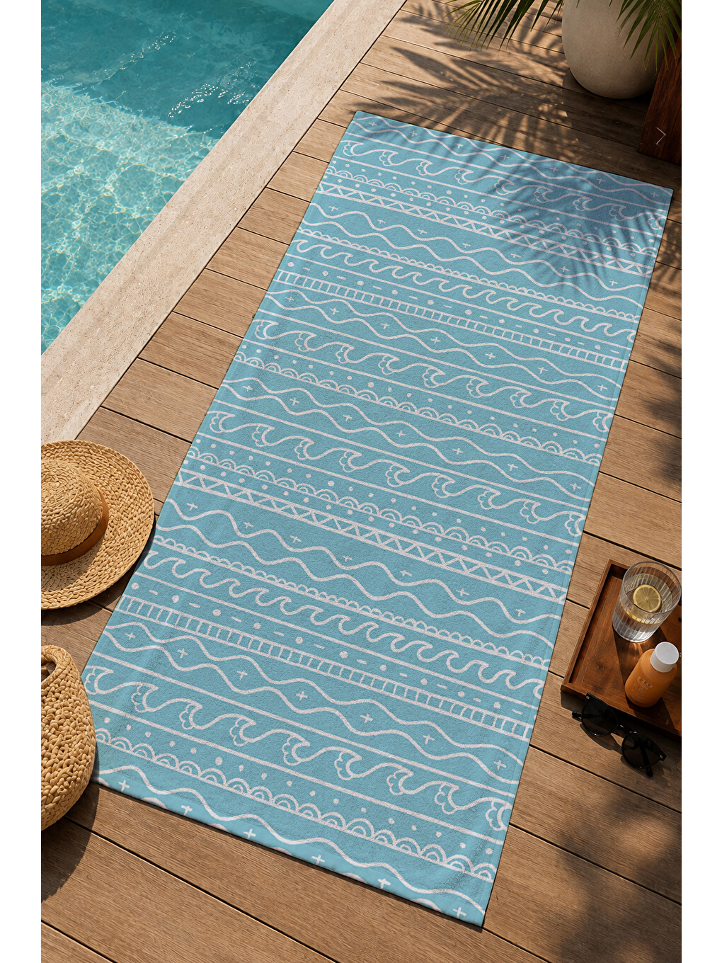 Açık Mavi Etnik Geometrik Desenli 70x150 Cm Dijital Baskılı Plaj Ve Banyo Havlusu-2