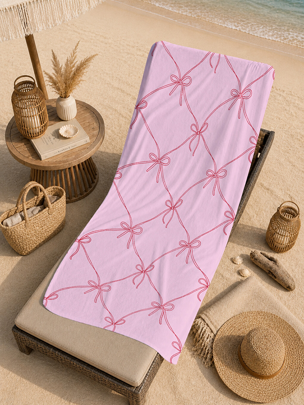 Gri Pembe Kurdele Kafes Desenli 70x150 Cm Dijital Baskılı Plaj Ve Banyo Havlusu-4