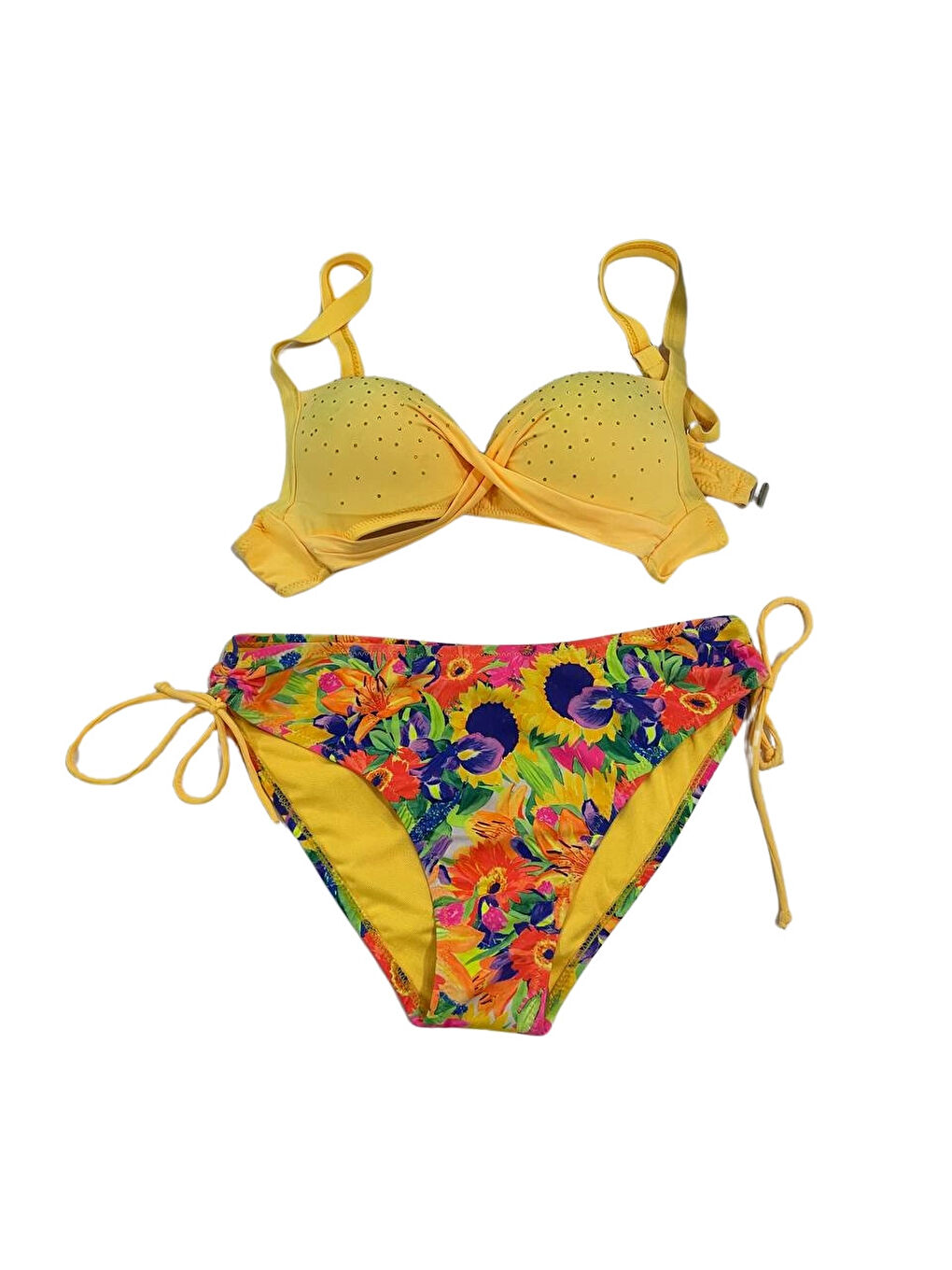 Kadın Sarı Çiçek Desenli Taş İşlemeli Astarlı Bikini Takım HZL25S-LC3313-2