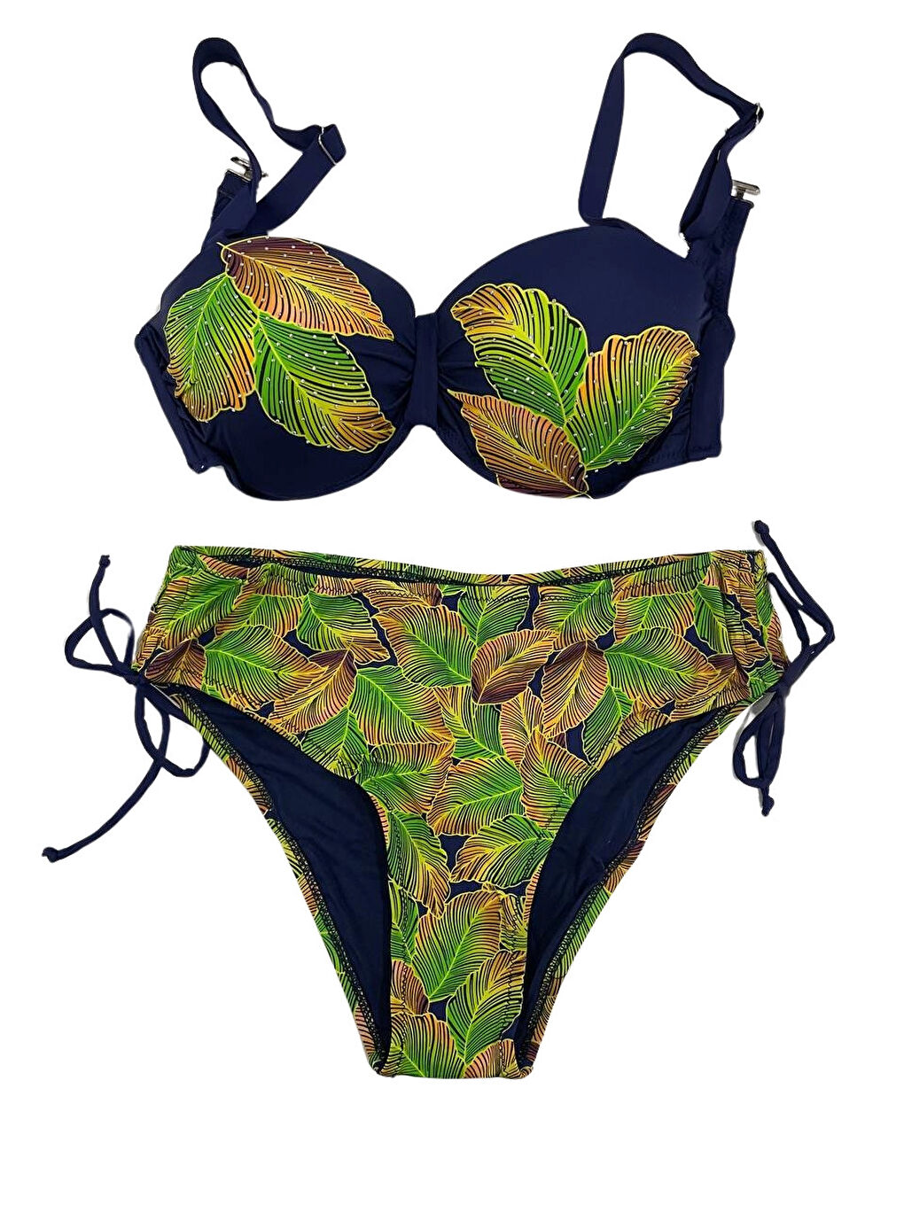 Kadın Lacivert Yaprak Desenli Taş İşlemeli Astarlı Bikini Takım HZL25S-LC3305