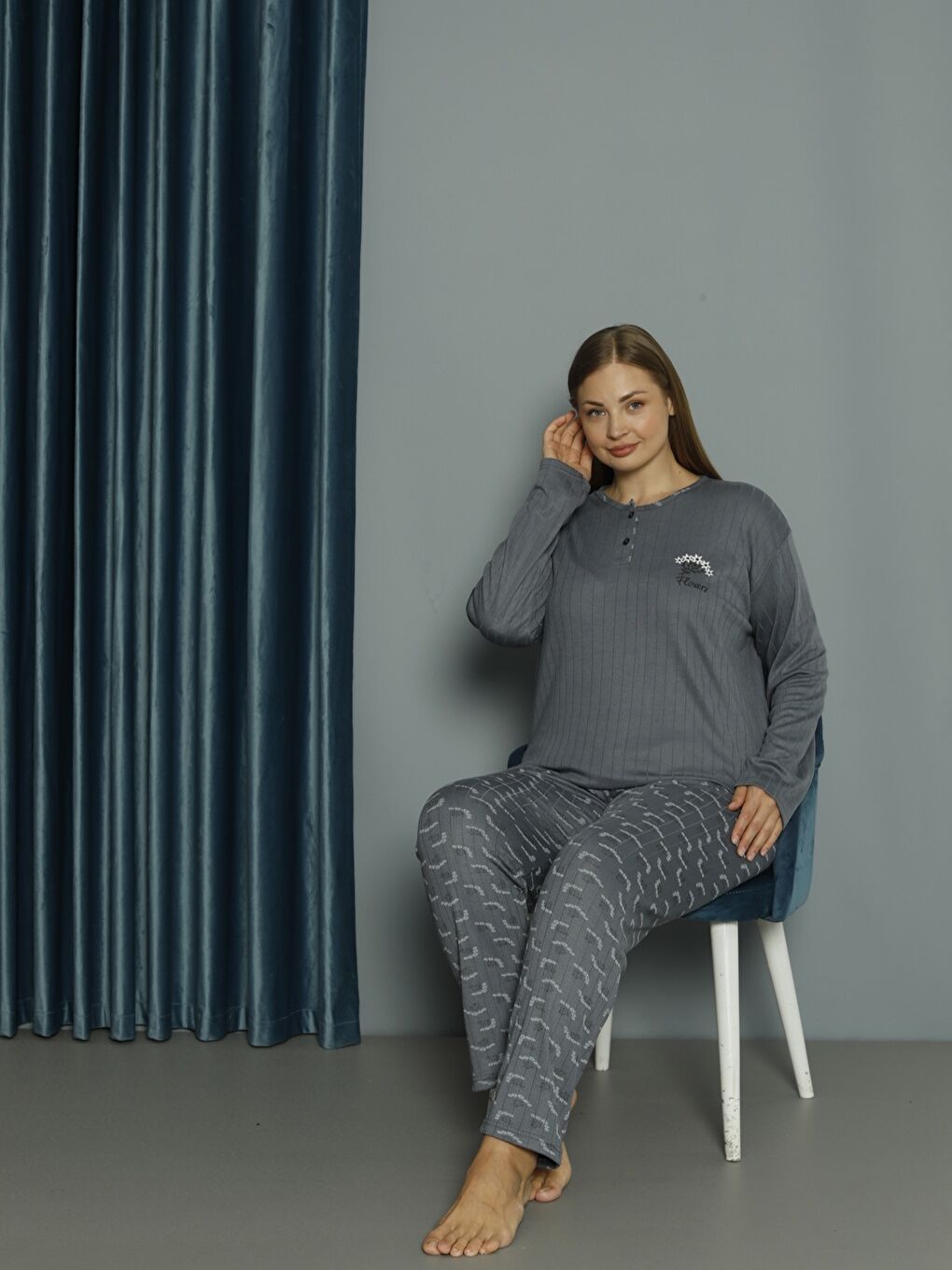 Gri 4530 Düğmeli Büyük Beden Kadın Pijama Takımı-1