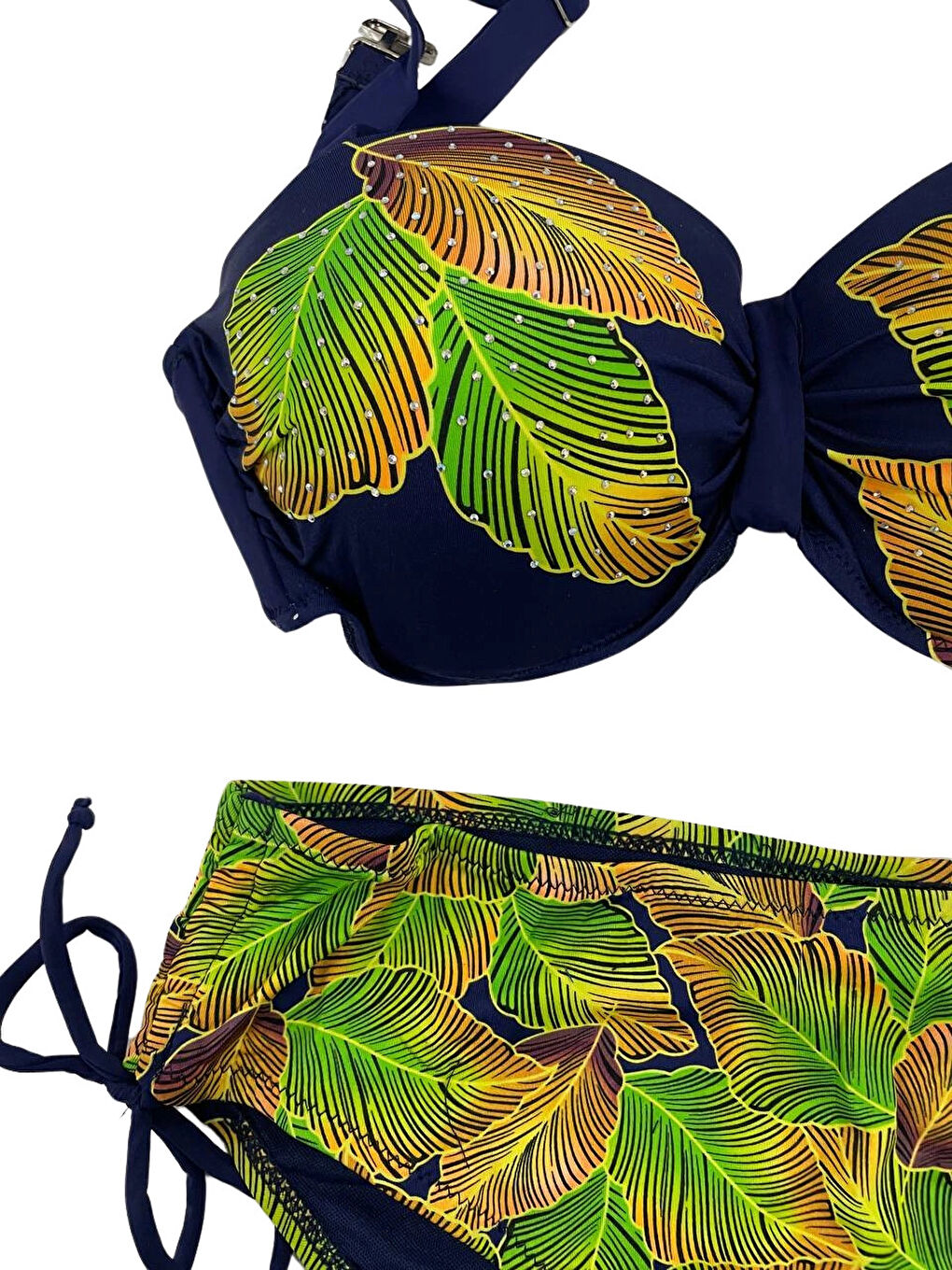 Kadın Lacivert Yaprak Desenli Taş İşlemeli Astarlı Bikini Takım HZL25S-LC3305-1