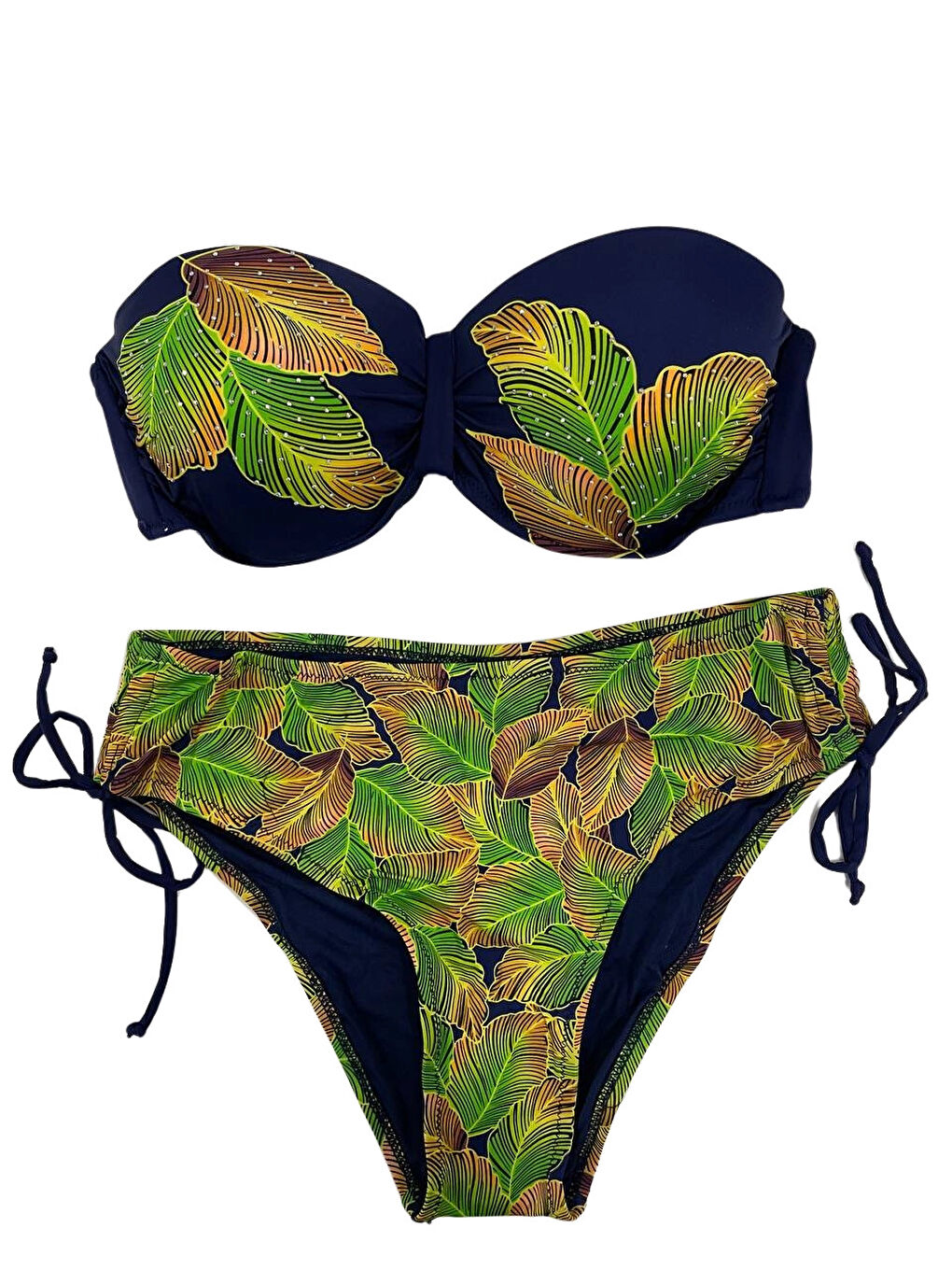 Kadın Lacivert Yaprak Desenli Taş İşlemeli Astarlı Bikini Takım HZL25S-LC3305-2
