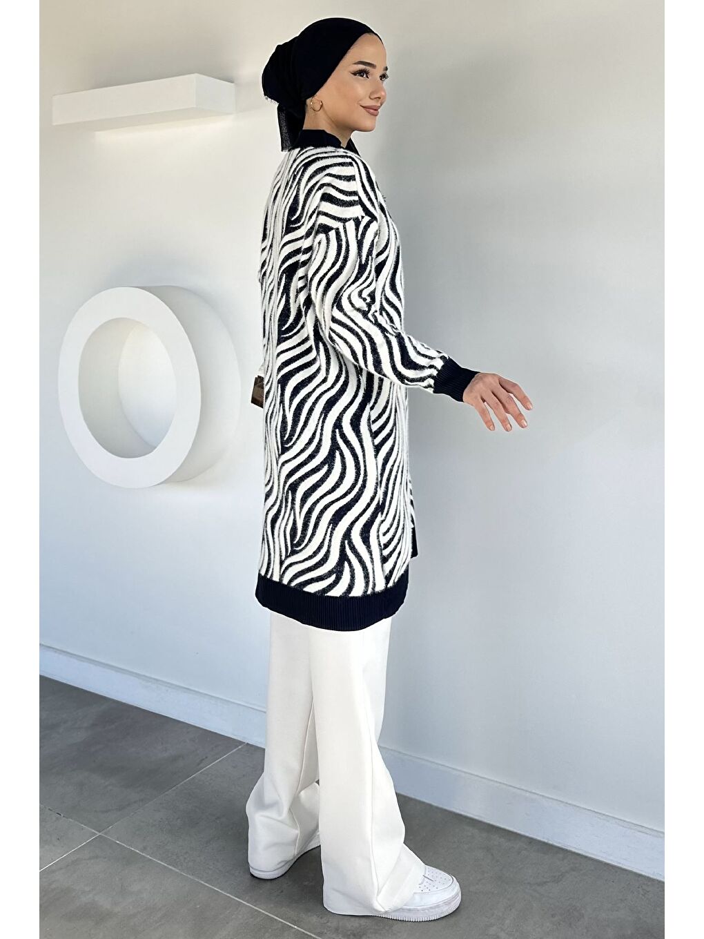 Lacivert Desenli Angora Tesettür Triko Hırka-4