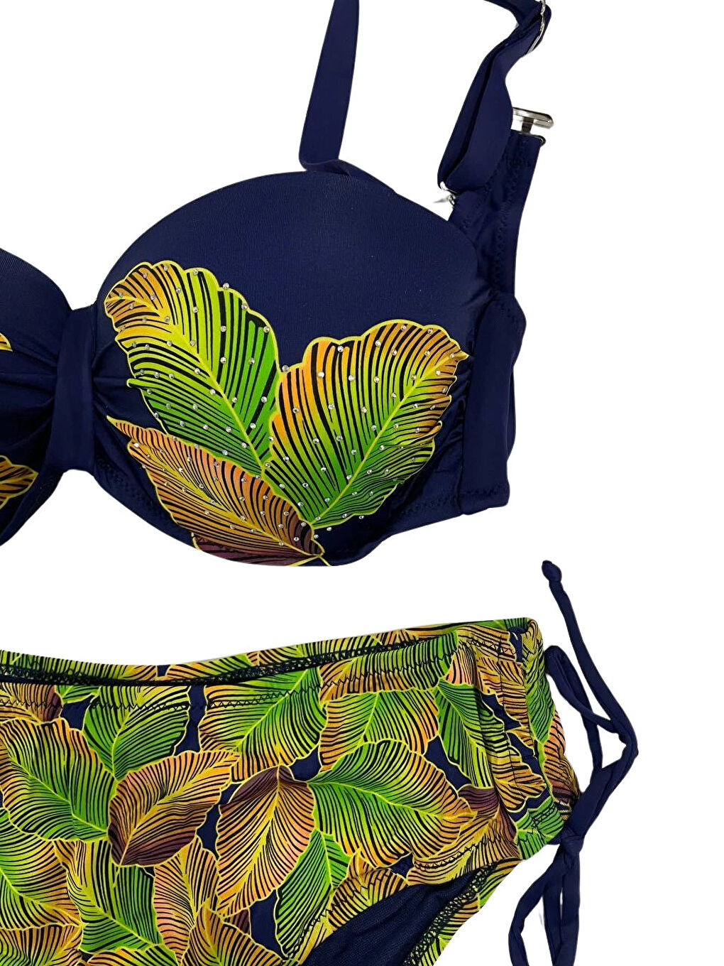 Kadın Lacivert Yaprak Desenli Taş İşlemeli Astarlı Bikini Takım HZL25S-LC3305-3
