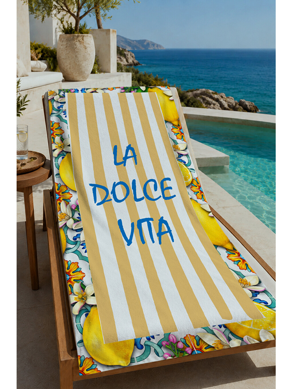 Milbay Grup Sarı Çizgili La Dolce Vita Limon Desenli 70x150 Cm Dijital Plaj Ve Banyo Havlusu-20072