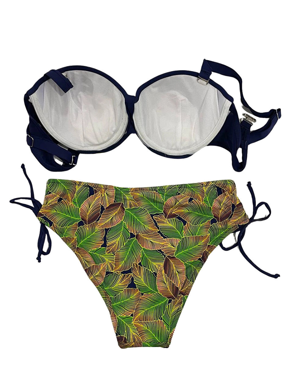 Kadın Lacivert Yaprak Desenli Taş İşlemeli Astarlı Bikini Takım HZL25S-LC3305-4