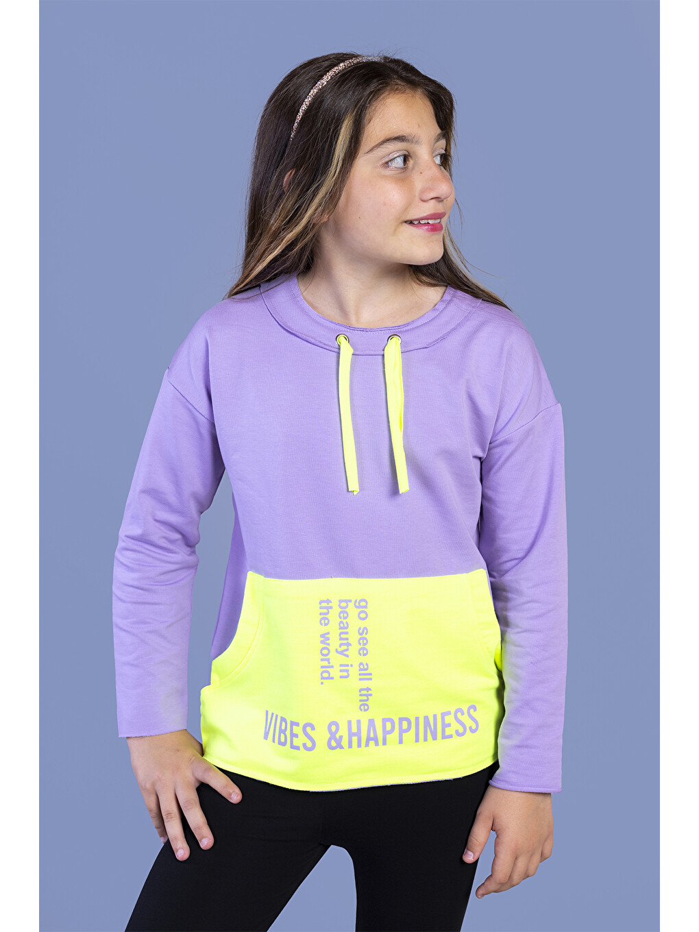 Lila Kız Çocuk Kanguru Cepli Baskılı Sweatshirt