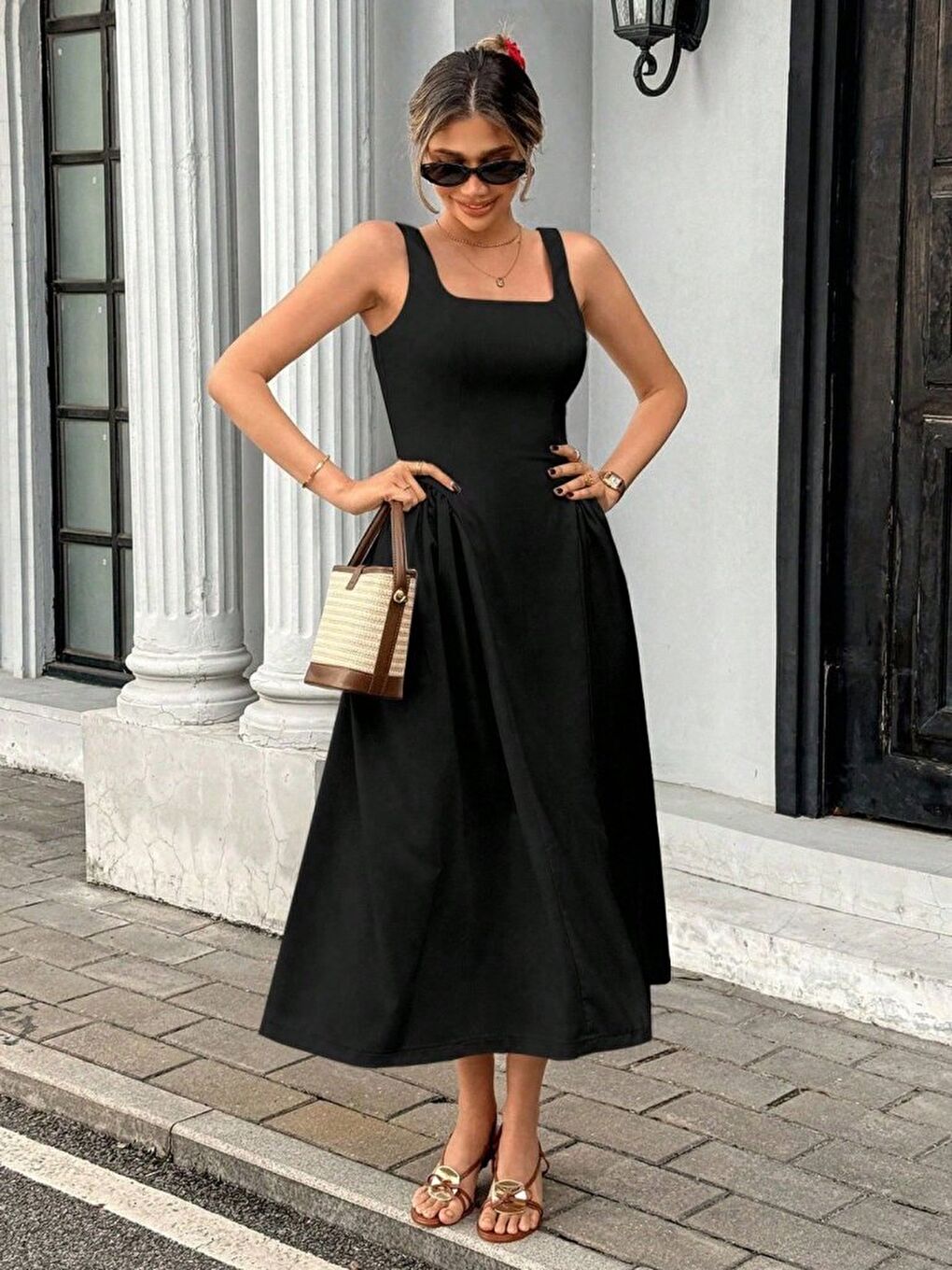 Siyah Kadın Askılı Kare Yakalı Uzun Ithal Krep Elbise-2