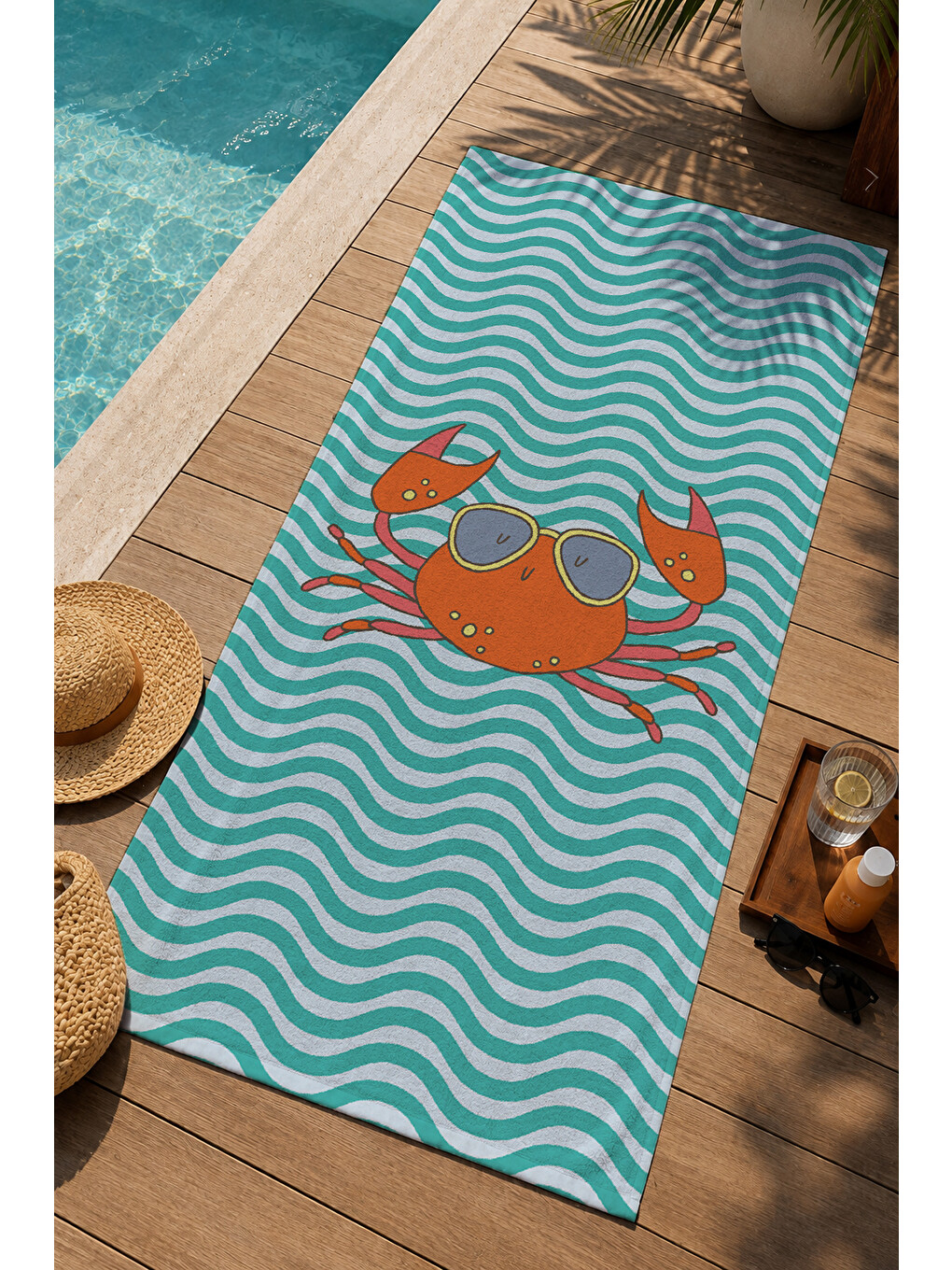 Mint Yeşili Beyaz Dalgalı Çizgili Turuncu Yengeç 70x150 Cm Dijital Baskılı Plaj Ve Banyo Havlusu-2