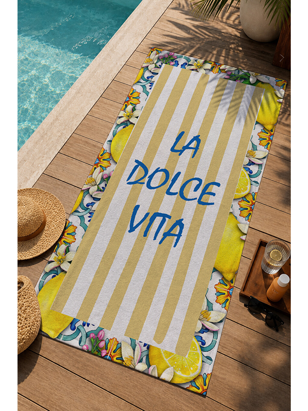 Milbay Grup Sarı Çizgili La Dolce Vita Limon Desenli 70x150 Cm Dijital Plaj Ve Banyo Havlusu-20072-2