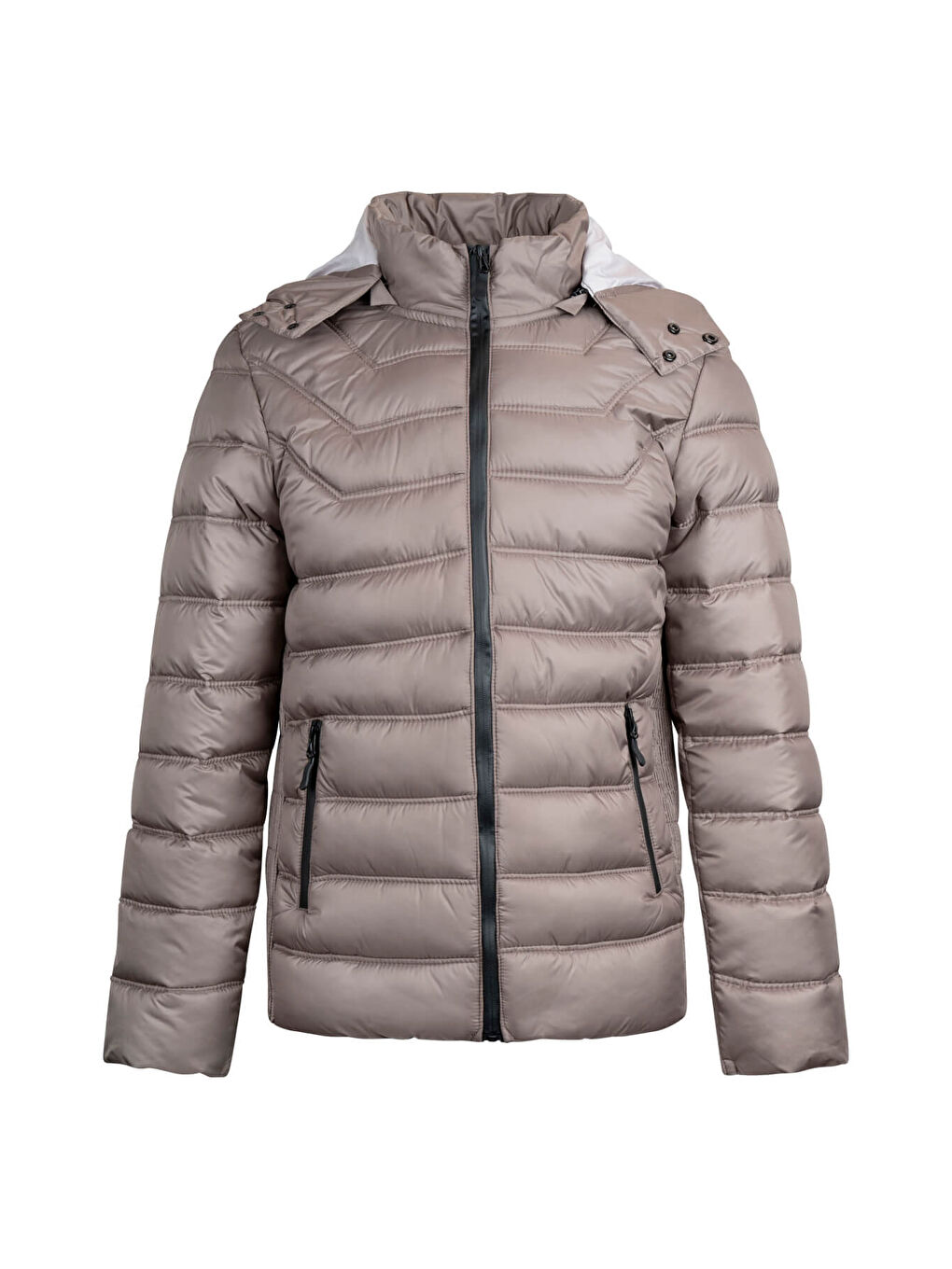 Bej Vizon Slim Fit Hakim Yaka Kapüşonlu Şişme Mont