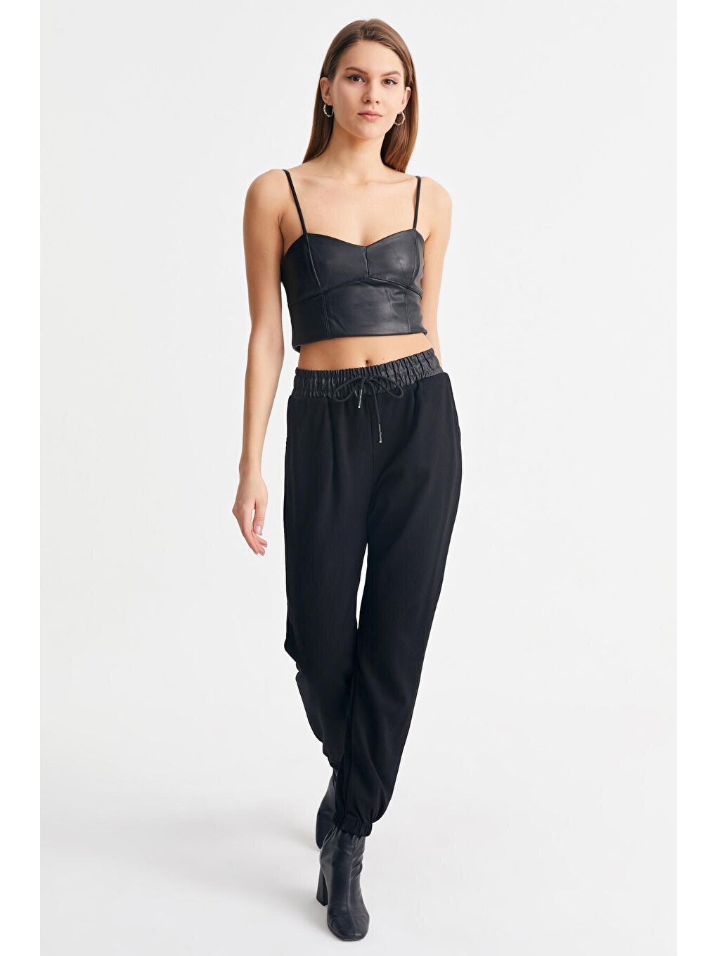 Kadın Siyah Beli Deri Garnili Çelik Örgü Jogger Pantolon-1