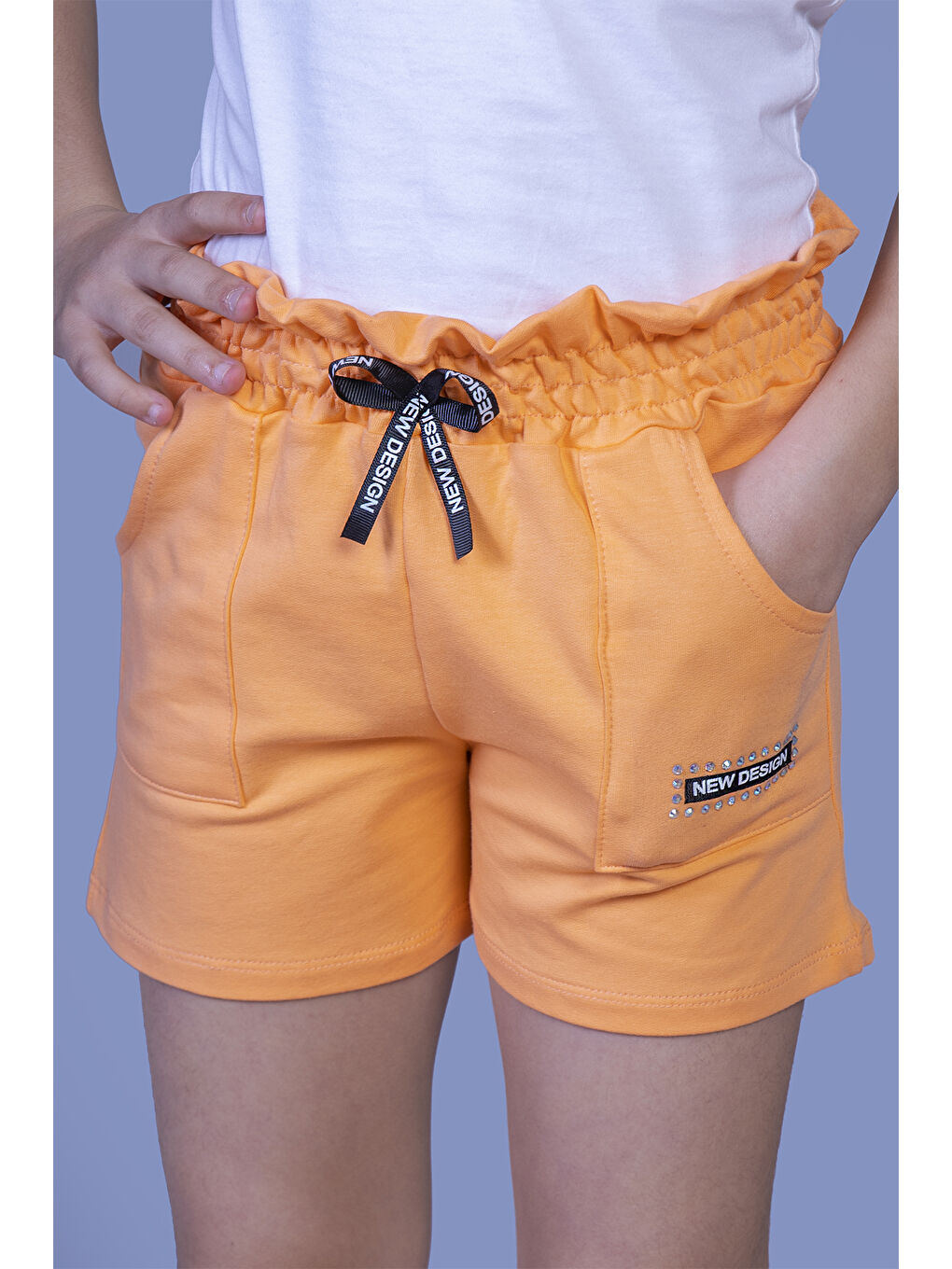 Turuncu Kız Çocuk Beli Lastikli İki Yanı Cepli Şort-2