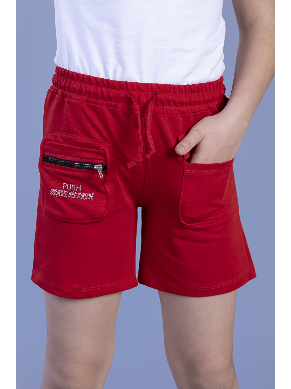 Kırmızı Kız Çocuk Cebi Fermuar Kapatmalı Nakışlı Şort-2