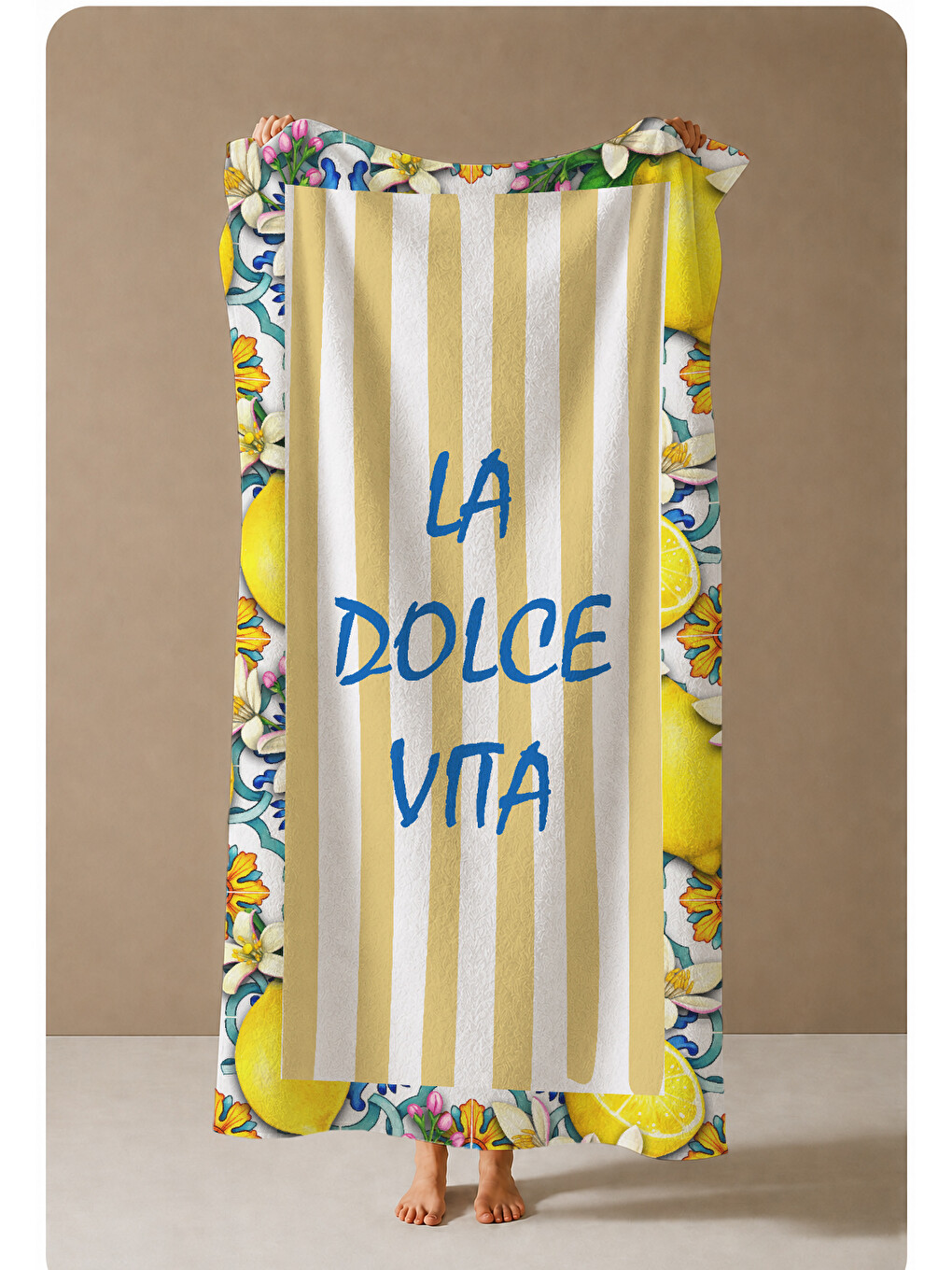 Milbay Grup Sarı Çizgili La Dolce Vita Limon Desenli 70x150 Cm Dijital Plaj Ve Banyo Havlusu-20072-3